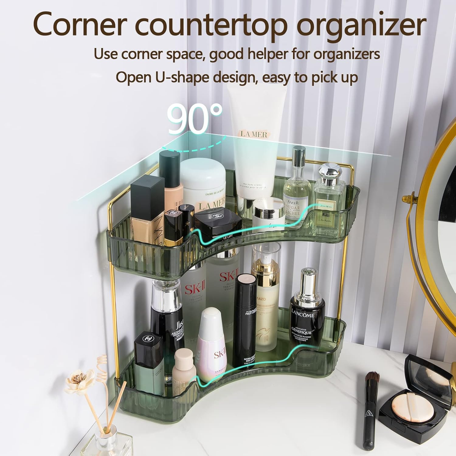 Shuangqing Shuang Qing 2-Tier Corner Bathroom Counter Organizer, Countertop Perfume Tray and Vanity Makeup Cosmetic Storage, Storage Organizers for Bathroom, Kitchen, Dresser (Green) image number 2