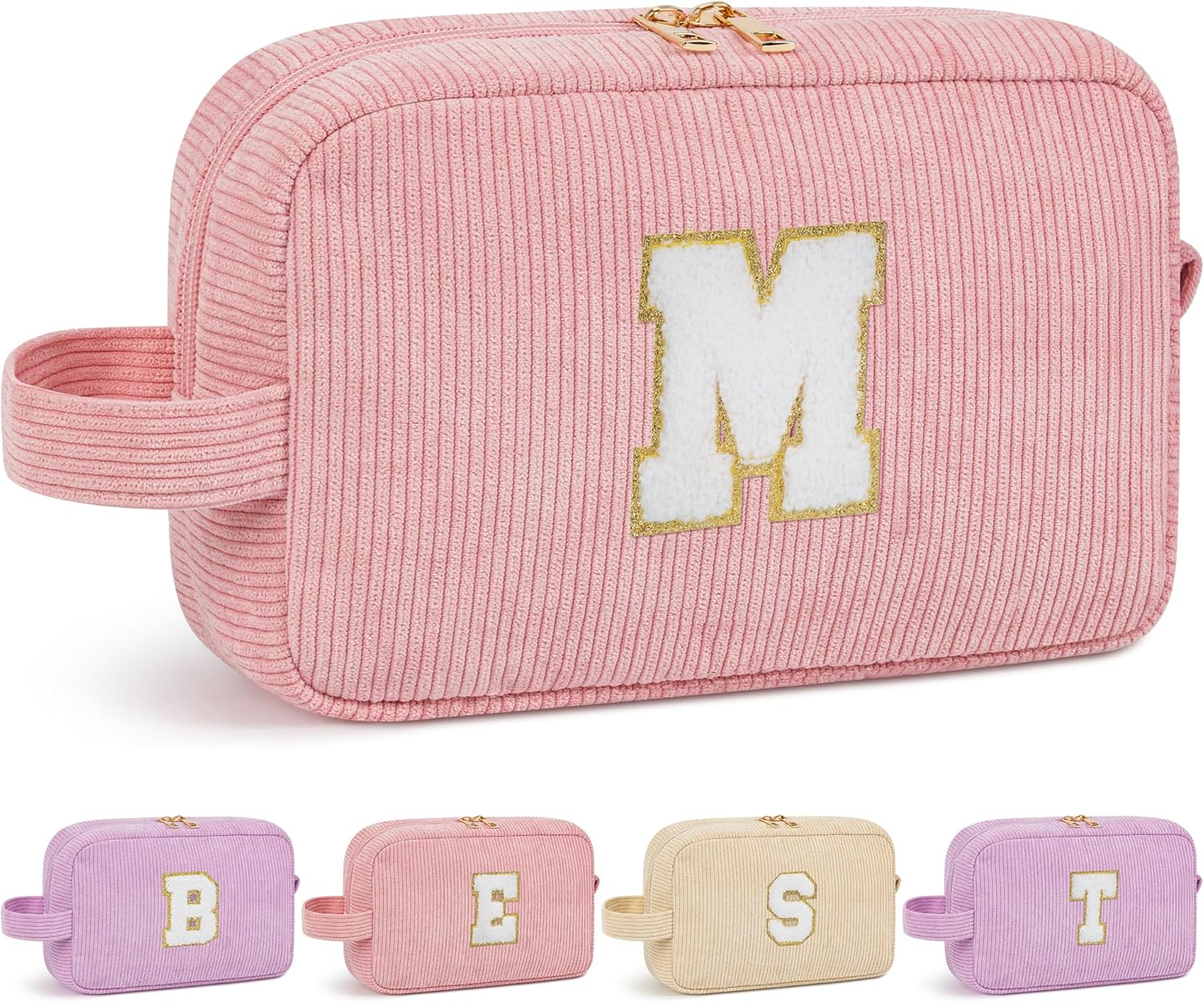 WELIDAY Personalized Initial Makeup Bag, Travel Chenille Patch Cosmetic Bag, Preppy Corduroy Toiletry Bag Monogram Cosmetic Pouch with Zipper, Ideal Gift for Teen Girls Women (Ivory White, V) image number 5