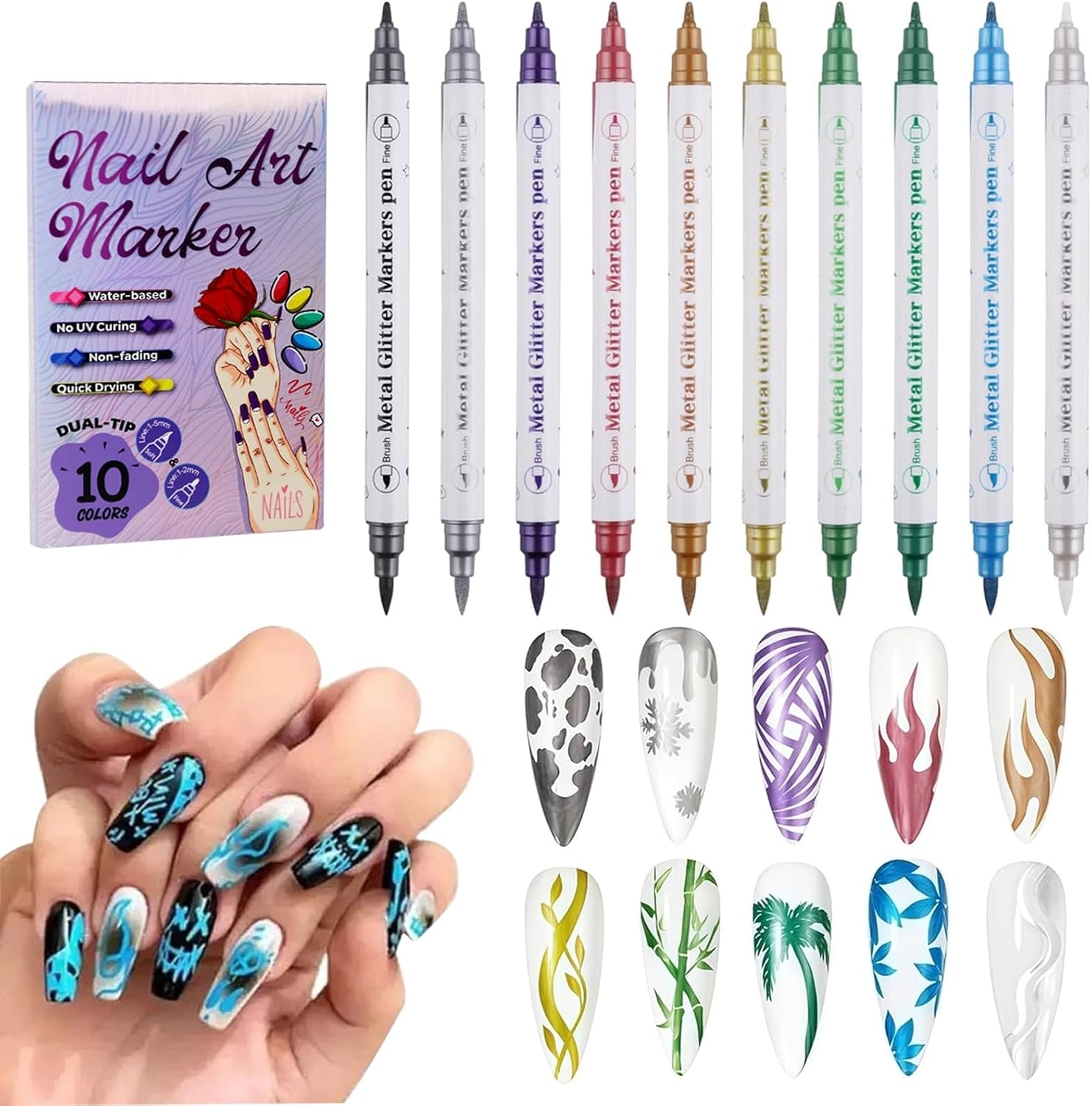 Jotia 10 Colors Nail Art Pens Set Double-Ended 3D Nail Polish Pens Dotting Liner Pen Tools for Manicure Nail DIY Decoration image number 3