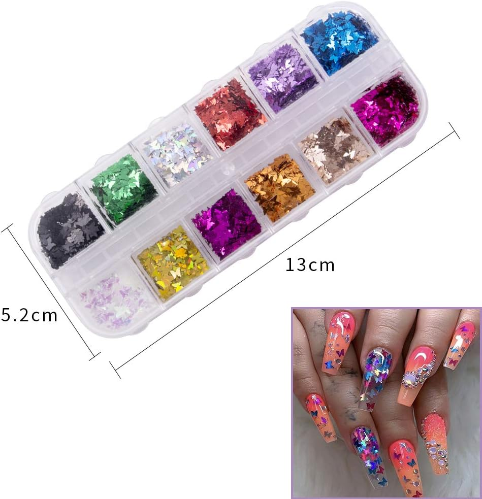 24 Color/Set 3D Butterfly Nail Glitter Sequins, Kalolary Splarkly Laser Butterfly Nail Sequin Acrylic Paillettes Holographic Nail Sparkle Glitter Sheets Tips Nail Art Decoration image number 5