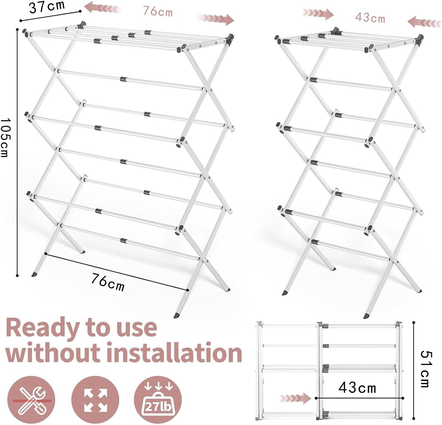 Jiaozoum Clothes Drying Rack, 3-Tier Laundry Drying Rack for Clothes, Expandable Metal Clothing Dryer, Scalable Folding Towel Rack, White image number 5