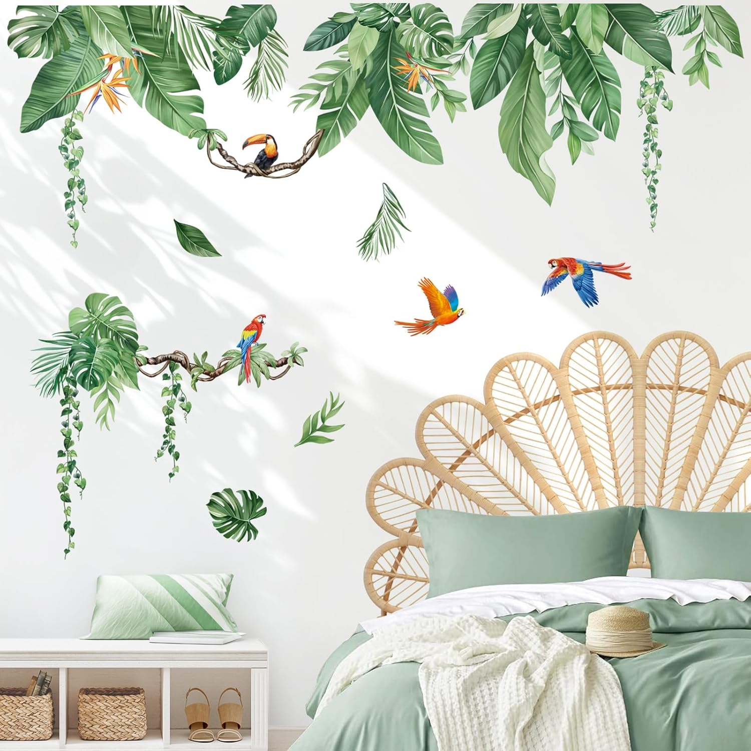 Decalmile Tropical Jungle Leaves Wall Decals Palm Leaf Hanging Vines Green Plants Wall Stickers Living Room Bedroom Tv Background Wall Decor image number 2