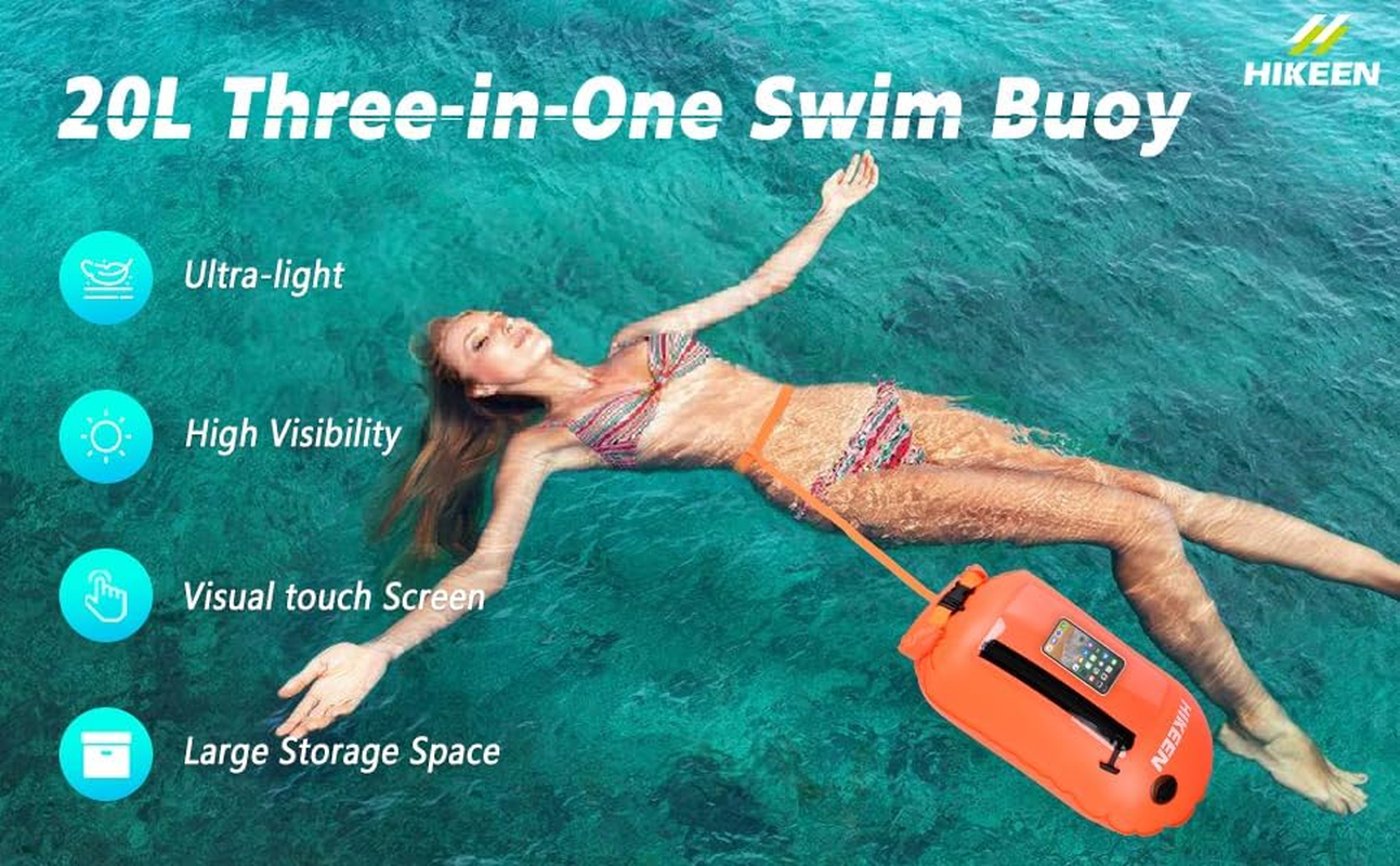 Hikeen Swim Buoy -Waterproof Touchscreen Storage Space, Swim Buoy Adjustable Waist Belt for Open Water Swimmers -Be Bright Be Safer