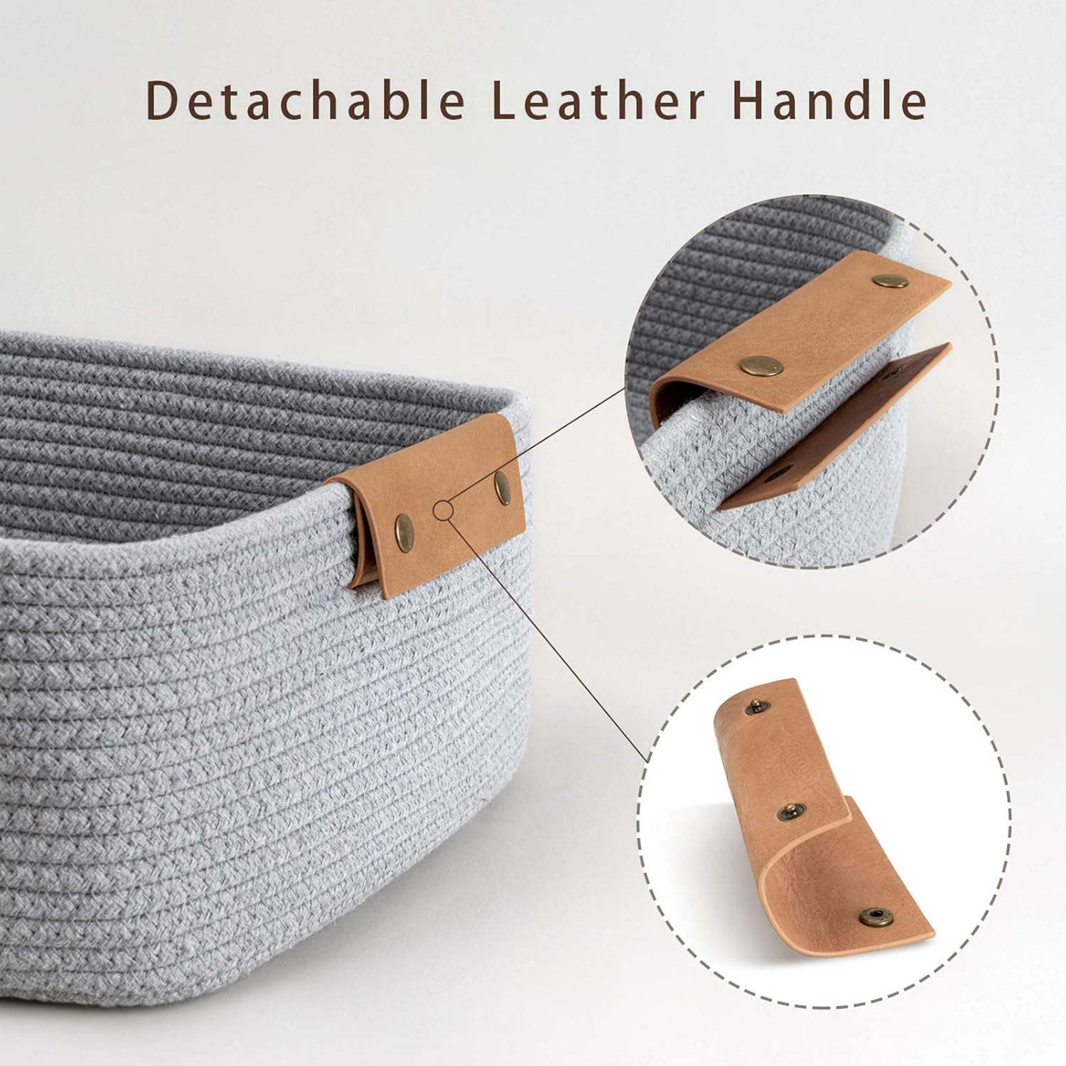 CHICVITA Rectangle Cotton Rope Woven Basket with Handles for Books, Magazines, Toys - Decorative Rectangle Basket for Baby Nursery, Living Room, Bathroom, Grey image number 2