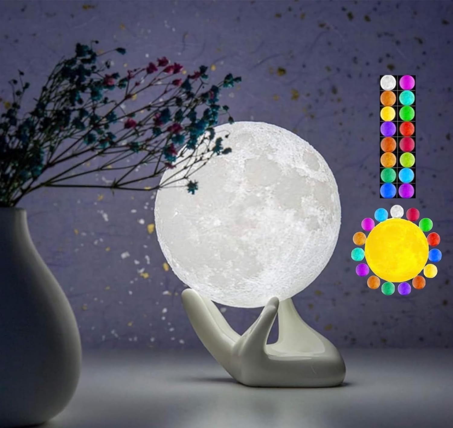 Moon Lamp with Hand Holder 16 Colours-4Inch 3D Lunar | Artful Home Decor | Moon Lamp Night Light for Bedroom | Perfect for Women, Men, Wife, Dad, Girl, Child, Kids & Baby Birthday.