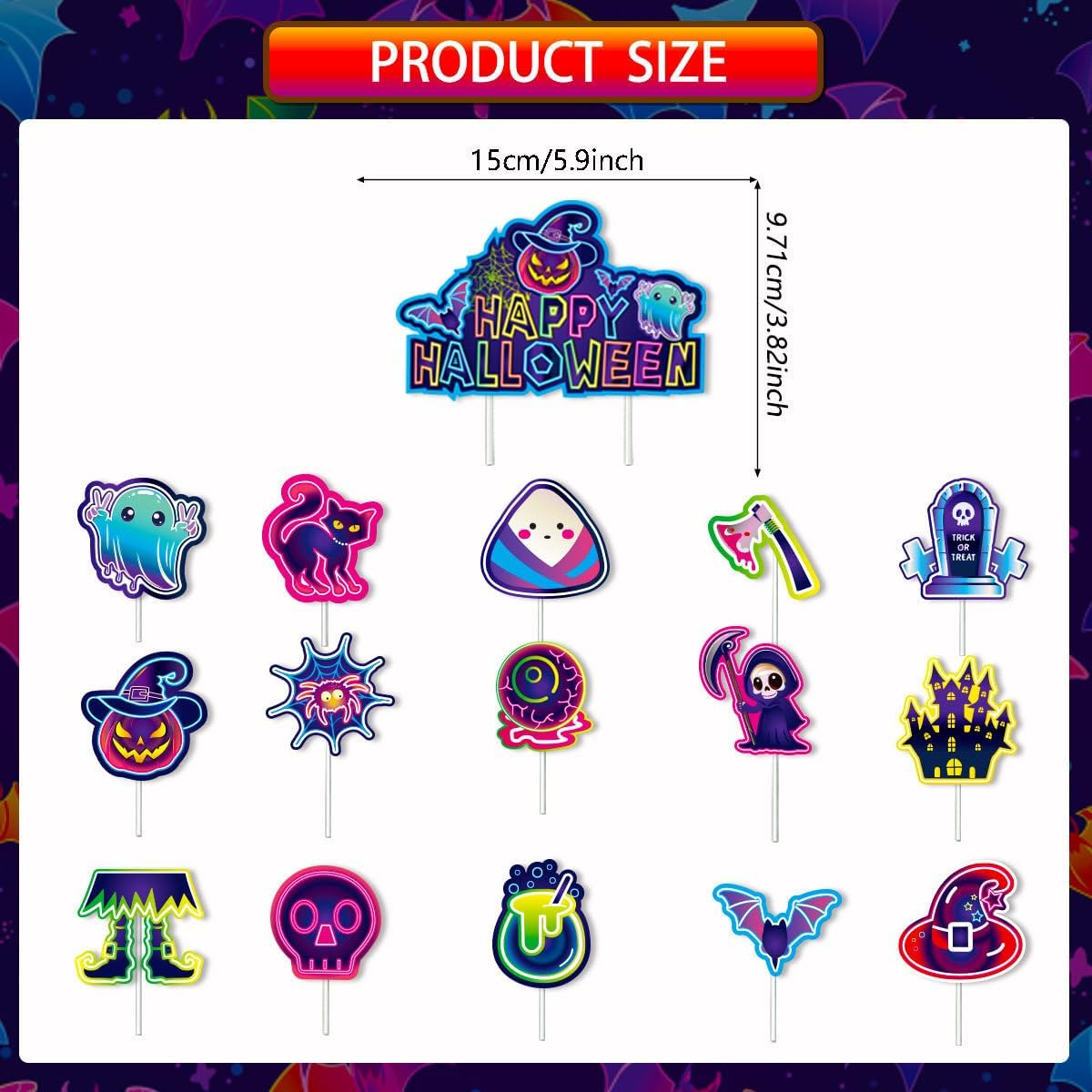 Neon Halloween Party Decorations Kit Glow in the Dark Halloween Background Banner Cake Toppers Balloons Ribbons 20 Pcs 12 Inch Latex Balloons for Black Light Halloween Decor Halloween Effect image number 1