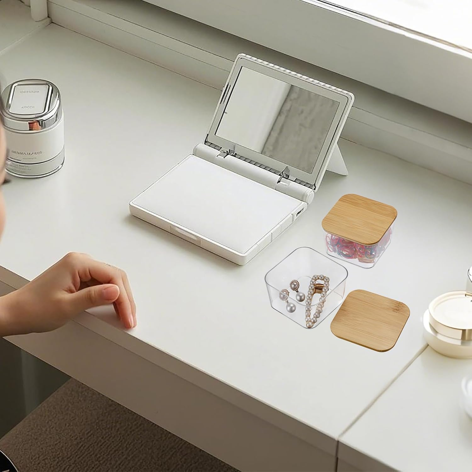 OGA Staple Dispenser Office Clips Box Plastic Box with Bamboo Lid Small Transparent Storage Box Versatile Desk Organiser for Paper Clips, Paper Clip, Letter Clips 8.5 X 8.5 X 5 Cm image number 1