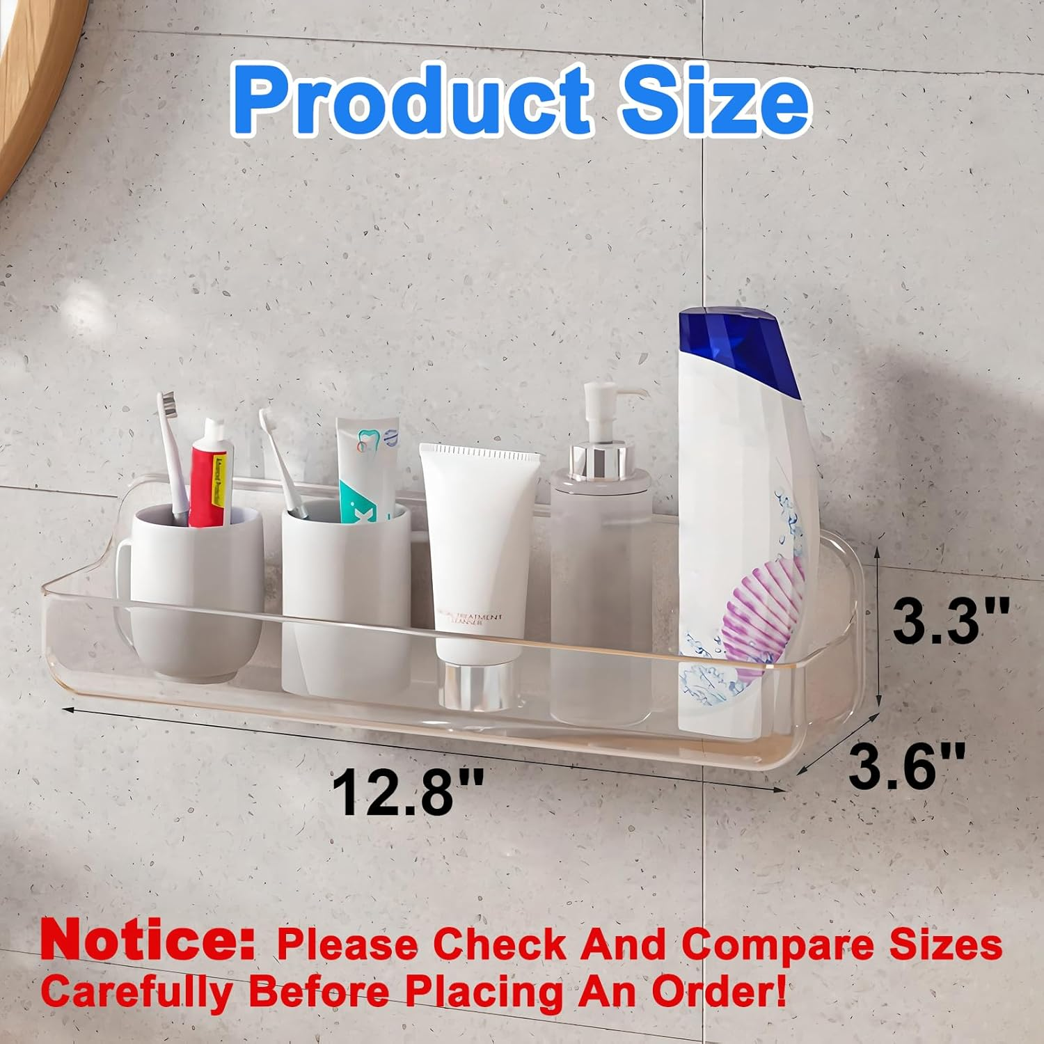 Diesisa Acrylic Wall Mounted Shower Caddy, Clear, 12.4" X 3.42" X 3.26" Acrylic Shelf, No Drilling Hang Walls Adhesive Shelf, Acrylic Bathroom Shelves with Self Adhesive Tape for Bathroom, Kitchen