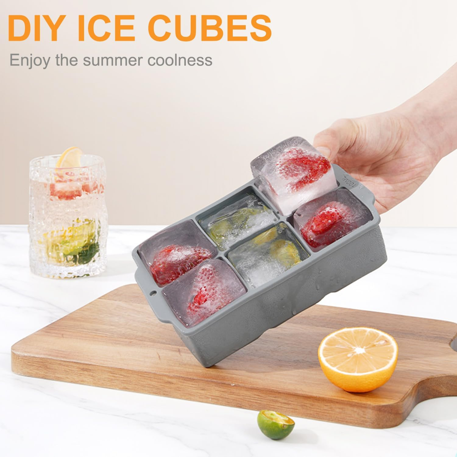 Large Ice Cube Tray with Lid - Stackable Silicone Square Ice Molds for Chilled Treats, No BPA, Ideal for Freezing Soups & Snacks (1, Grey, Square)