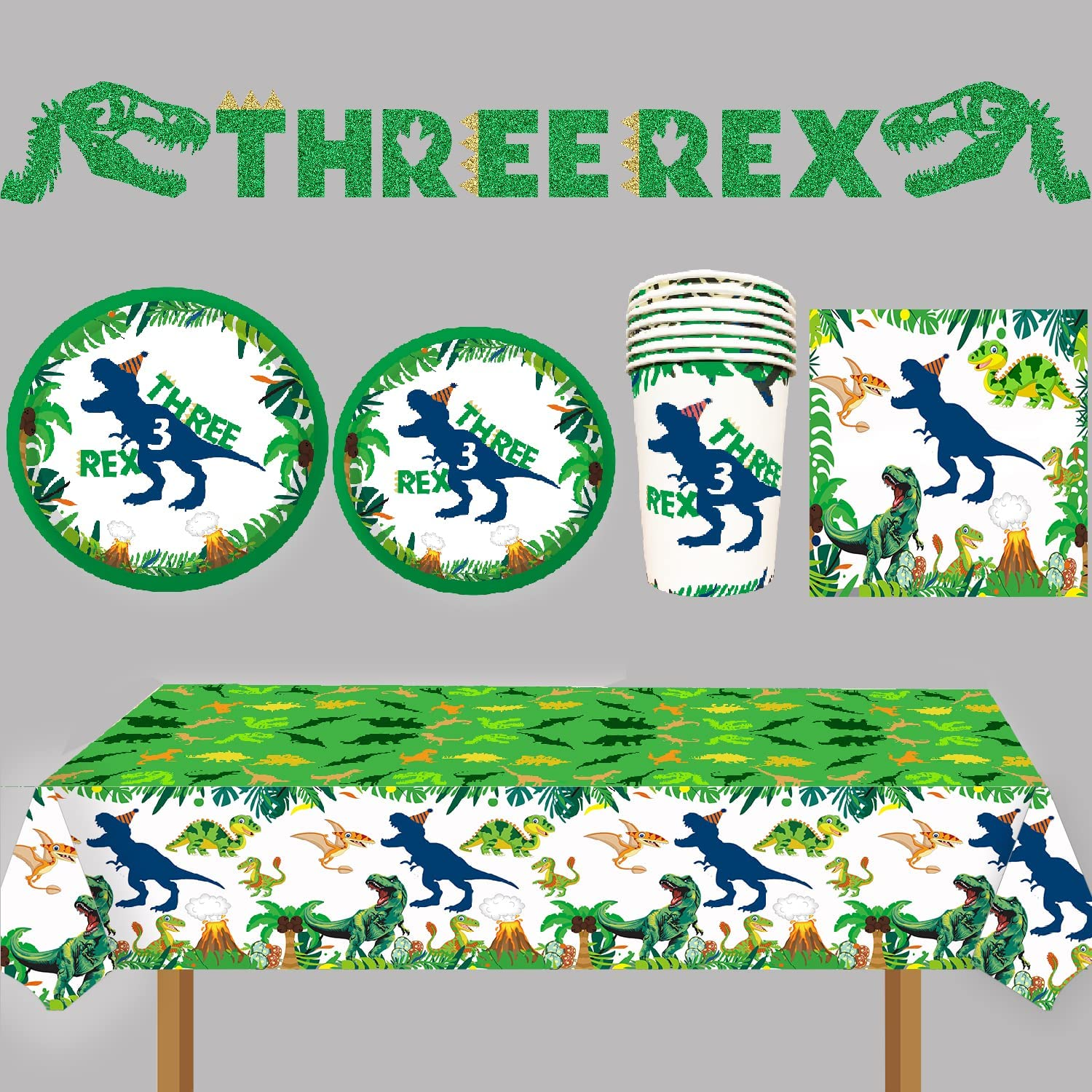 Three Inspired Rex Plates, Napkins and Cups - 130Pcs Dino Birthday Party Decorations - Dinosaur Party Supplies for 3 Year Old Boy - Serve 30 Guests image number 3