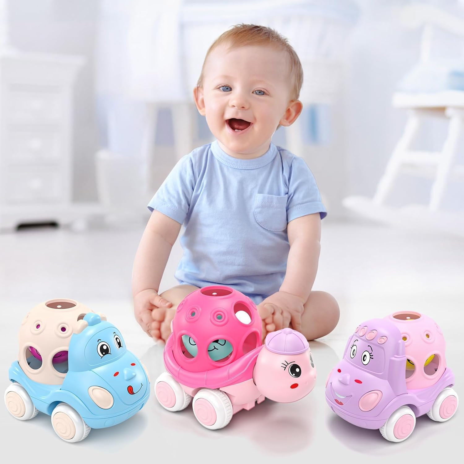 Baby Girl Toy Cars for Toddlers 1-3, Push and Go Rattle Cars for Baby Toy 6-9-12-18 Months, First Birthday Gifts for 1 2 Year Old Girls, Infant Pink Friction Truck Set image number 5