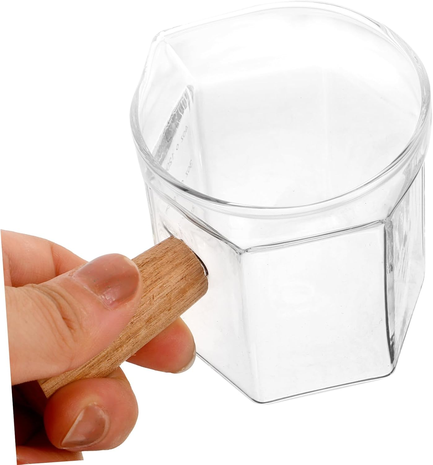 BATHVEVE Glass Espresso Measuring Cup with Heat-Resistant Wooden Handle Transparent Milk Pitcher with Scale for Precise Coffee Pouring and Consistent Brewing at Home Coffee Bar Random Color image number 1