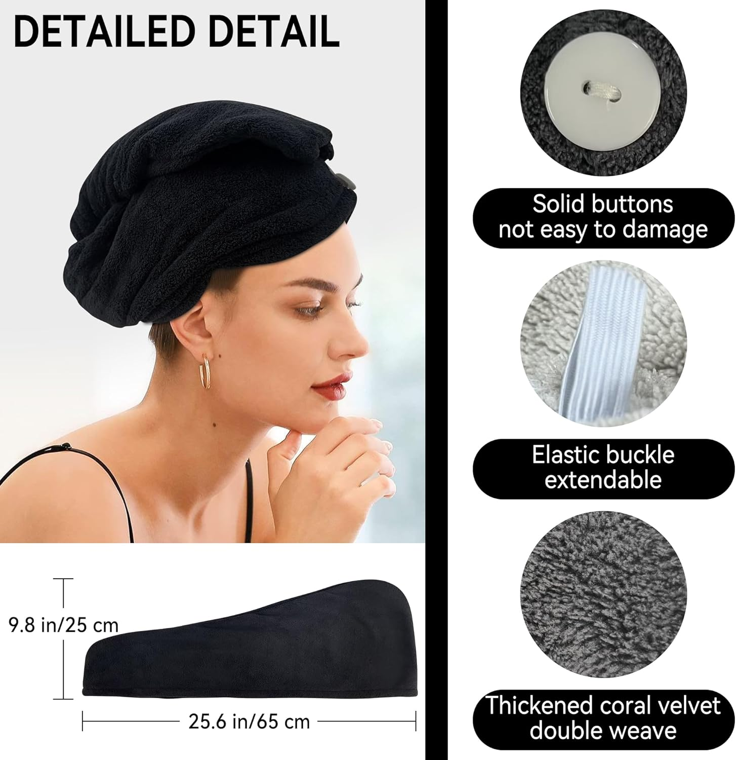 2 Pack Microfiber Hair Towel,Quick Dry Head Wraps Hair Towel Turban Wrap for Women Kids,25.6X9.8 Inch Super Absorbent Fast Hair Drying Towel with Button for Wet Curly Hair(Black) image number 1