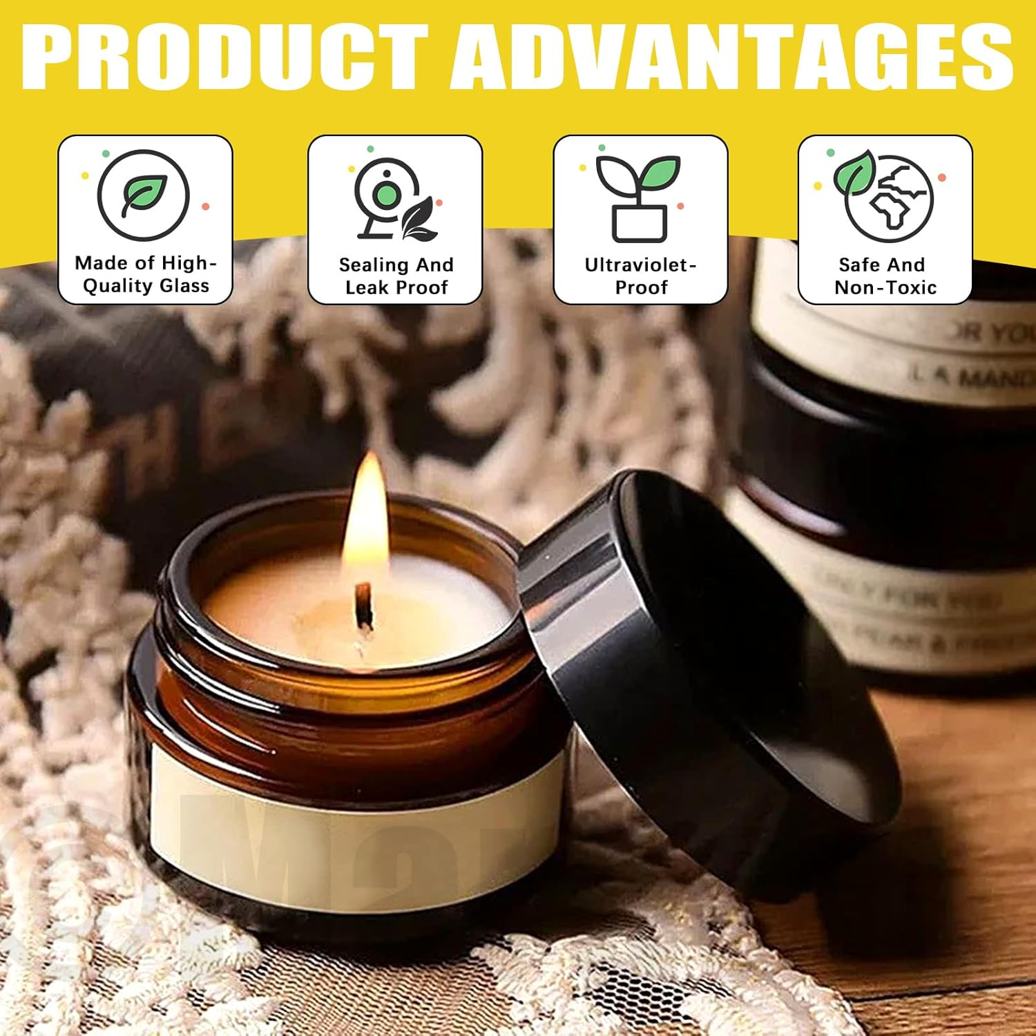 15PCS round Amber Glass Jars, 1/1.7/2 OZ Mason Jar Amber Cosmetic Containers with Spoons and Black Lids, Glass Candle Jars for Storing Lip and Cream Lotion image number 6