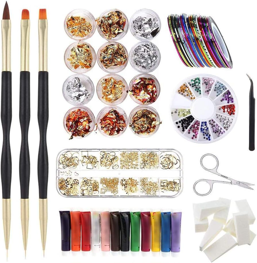 12 Boxes Nail Art Tools Brushes Decals Stencils Striping Tapes Irregular 3D Rhinestones Manicure