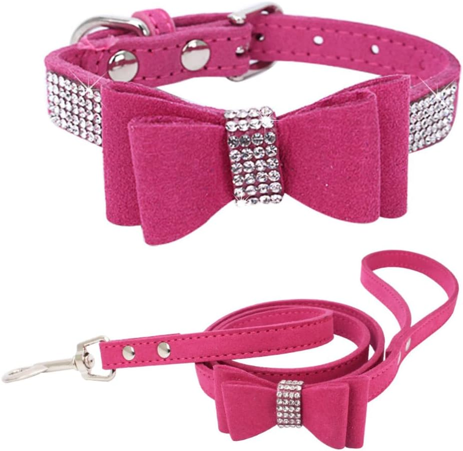 Puppy Dog Collar and Leash Set, Bling Rhinestone Diamond Fancy Crystal Glitter Pretty Jewel Pet Cat Collars for XXS XS Small Medium Large Dogs Kitten, Pink Xxsmall image number 3