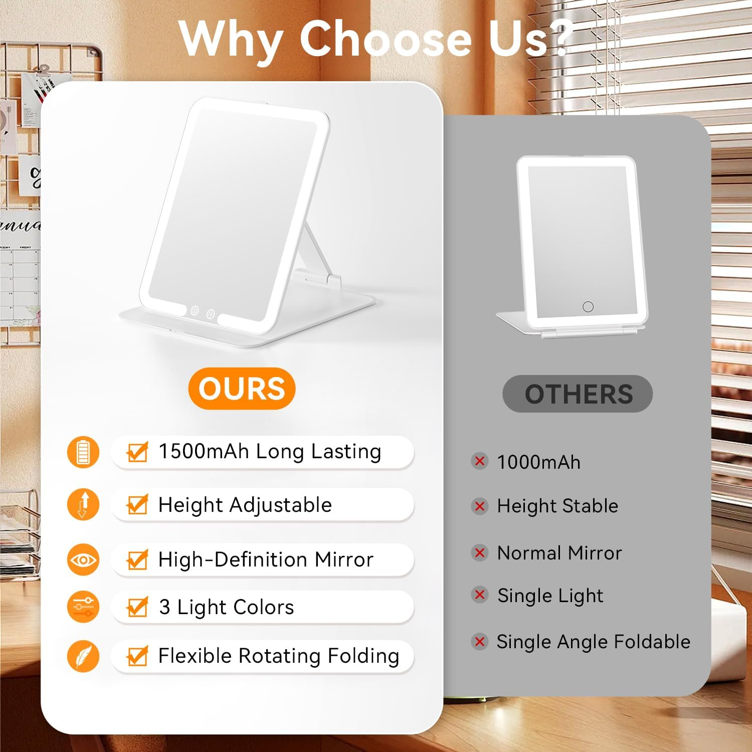 Auxmir Foldable Makeup Mirror with 3 Dimmable Color Lights, USB Rechargeable Lighted Vanity Mirror with Touch Screen, Compact & Portable Ultrathin Desk Beauty Mirror for Travel Daily Business image number 2