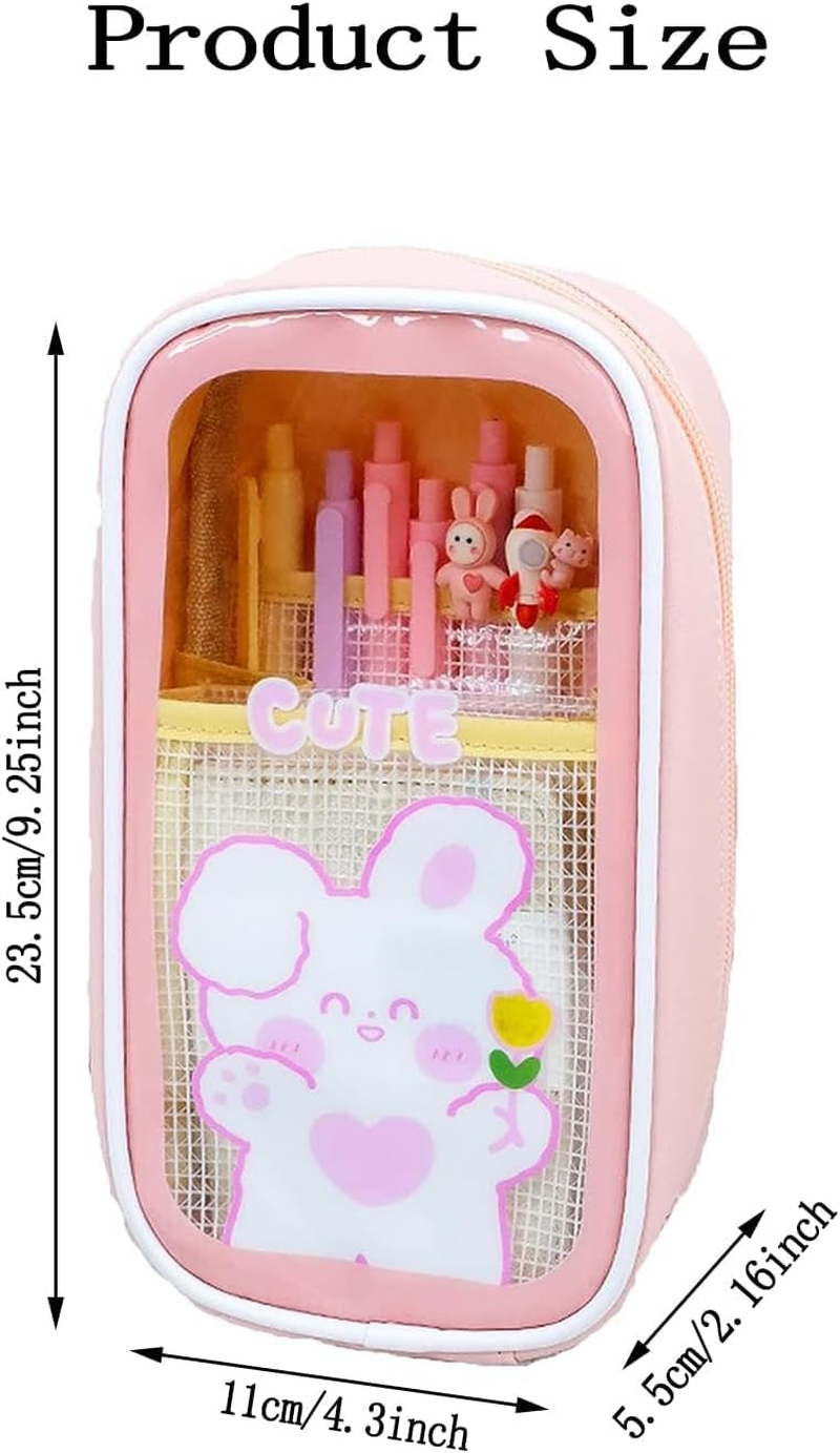 Kawaii Aesthetic Pencil Case, Clear Pouch, Large Capacity, Cartoon Stationery Bag, Pink image number 5