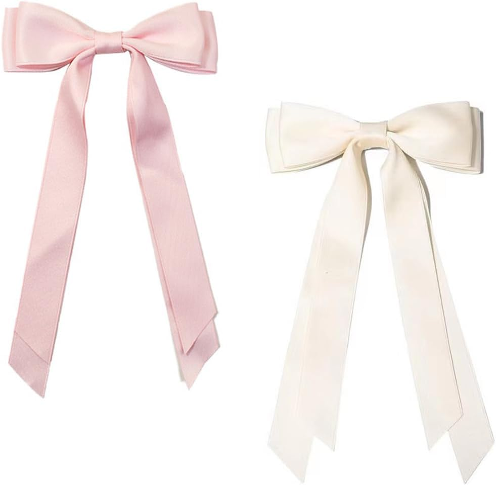 TSUOUKL 2 Pieces Silky Satin Hair Bows Hair Clip Pink Cream Hair Band Ponytail Holder Metal Clips Hair Bow for Women image number 3