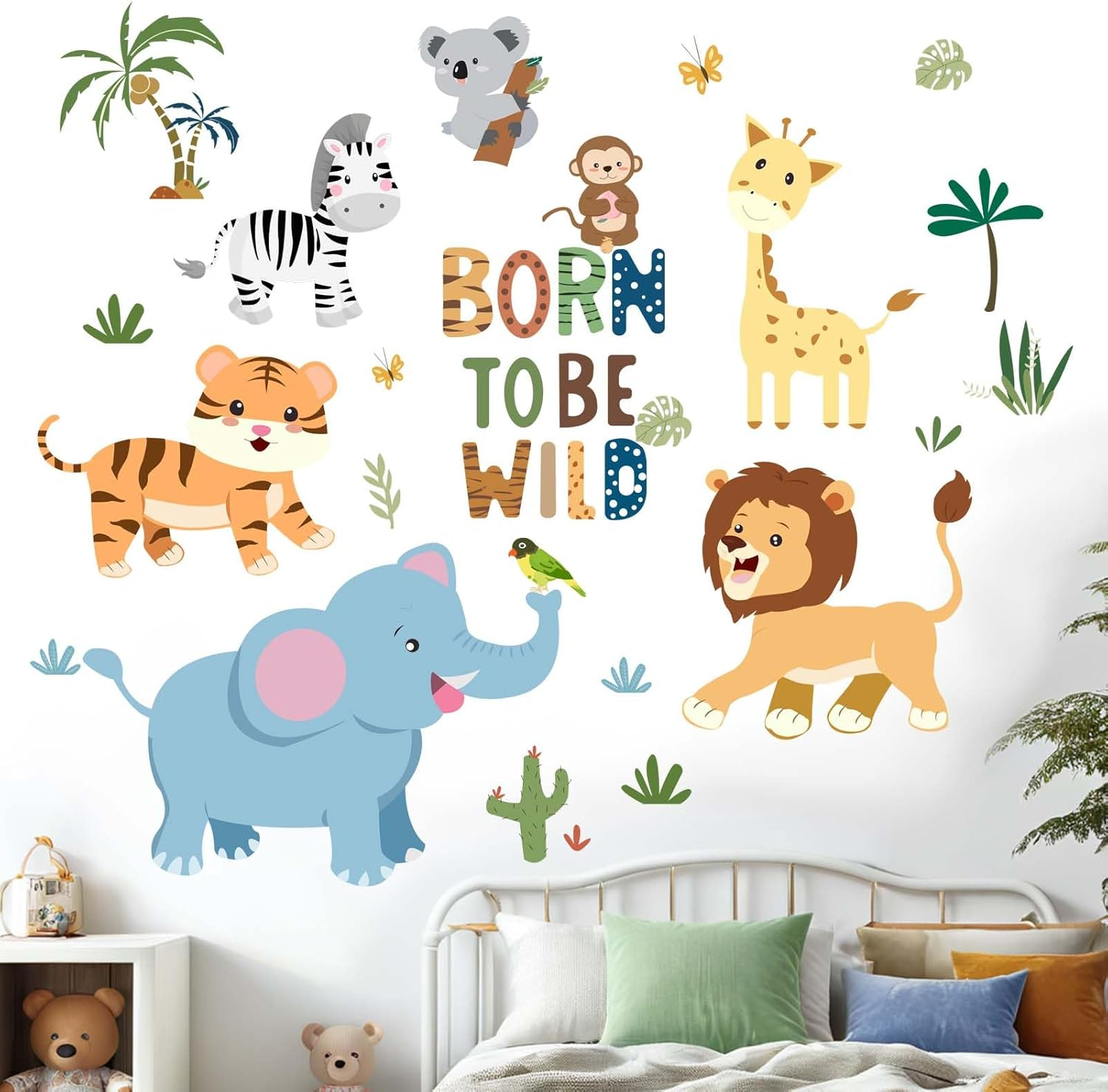 Baby Animals Wall Stickers for Nursery: Kids Boys Girls Bedroom Wall Decals - Jungle Safari Elephant Giraffe Monkey Lion Tiger image number 4