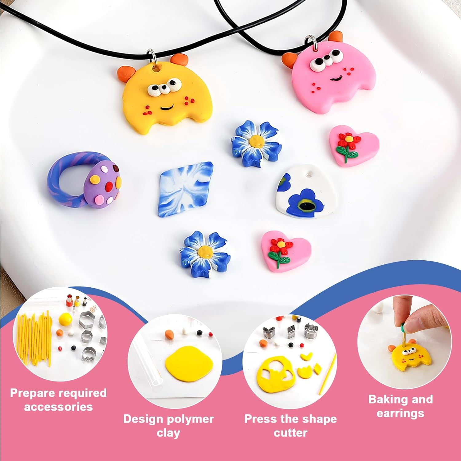 Caydo 587PCS Polymer Clay Jewelry Kit with 2 Layer Storage Box, 24 Colors Polymer Clays, Earring Cutters, Earring Accessories, and Clay Tools for Kids and Adults for Jewelry Earring Making image number 6