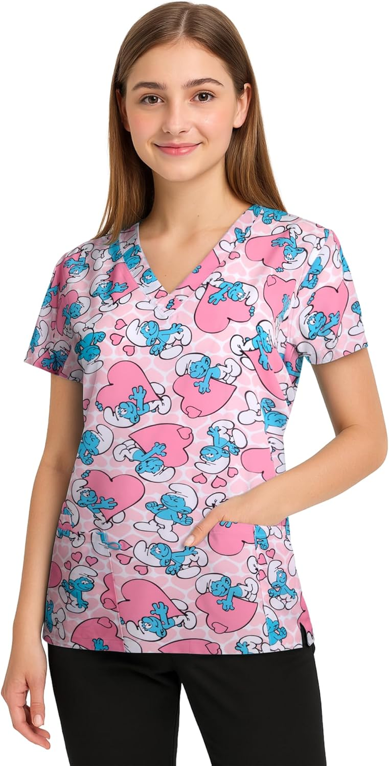 COCO BRANDS Smurfs Womens Scrub Tops - Short Sleeve V-Neck Printed Scrub Tops Women Uniform Shirts with Side Pockets (S-2XL)