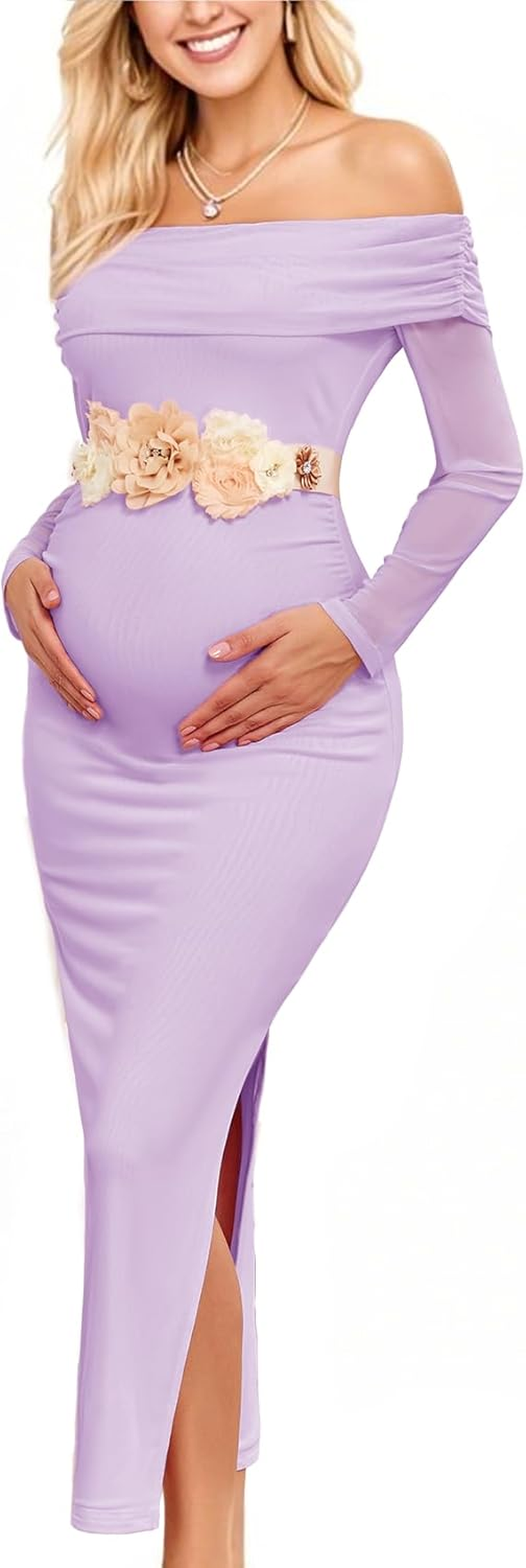 CYCLAMEN off Shoulder Maternity Mesh Split Dress Ruched Fitted Pregnancy Dresses Baby Shower Photoshoot, without Belt
