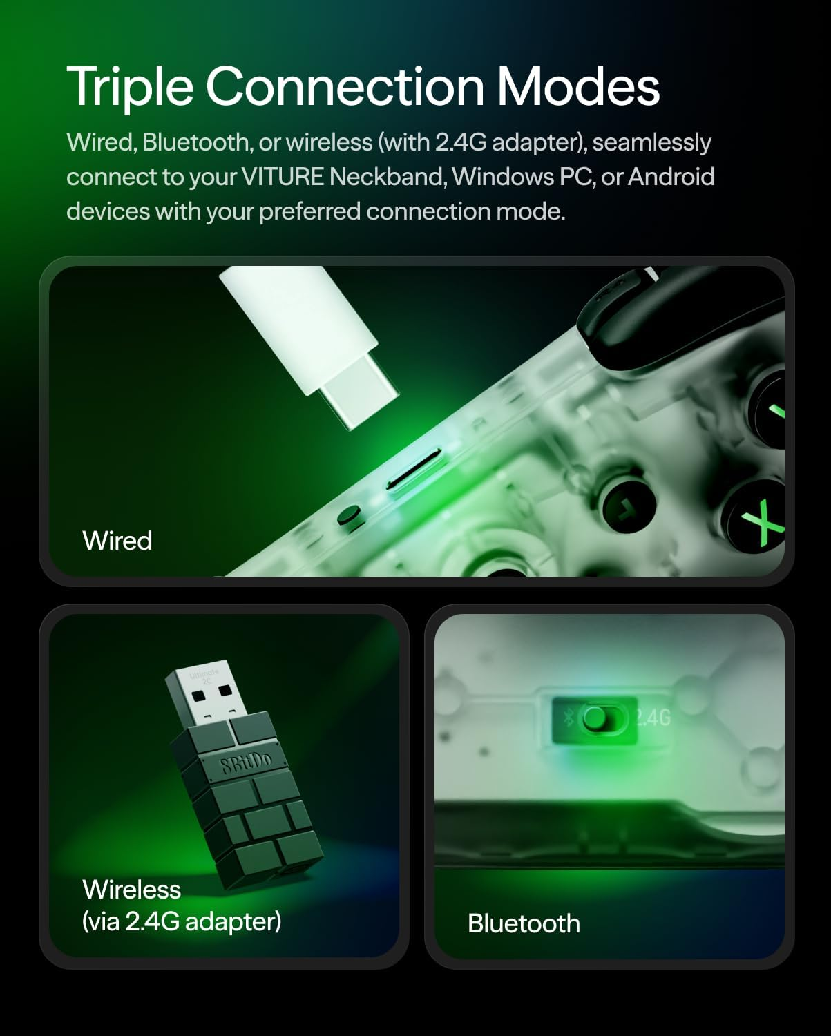 VITURE &times; 8Bitdo Ultimate 2C 3-Mode Wireless Gaming Controller for Neckband, Android & Windows | Xbox Layout | Hall Effect Joysticks | Linear Triggers | L4/R4 Mapping | Wired, Bluetooth & 2.4G
