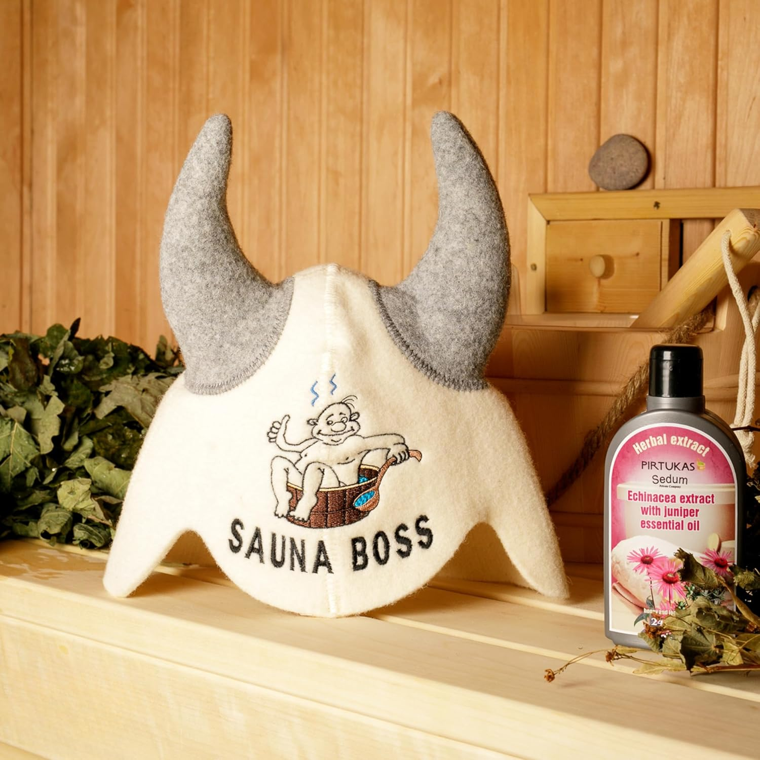 SAUNA GURU Sauna Boss Horns Hat, 100% Organic Wool Felt Sauna Cap, Banya Hat Sauna Hair Protector, Sauna Accessories Embroidered Hat, Sauna Accessory, Sauna Gifts for Men and Women, Russian Sauna Hat image number 2
