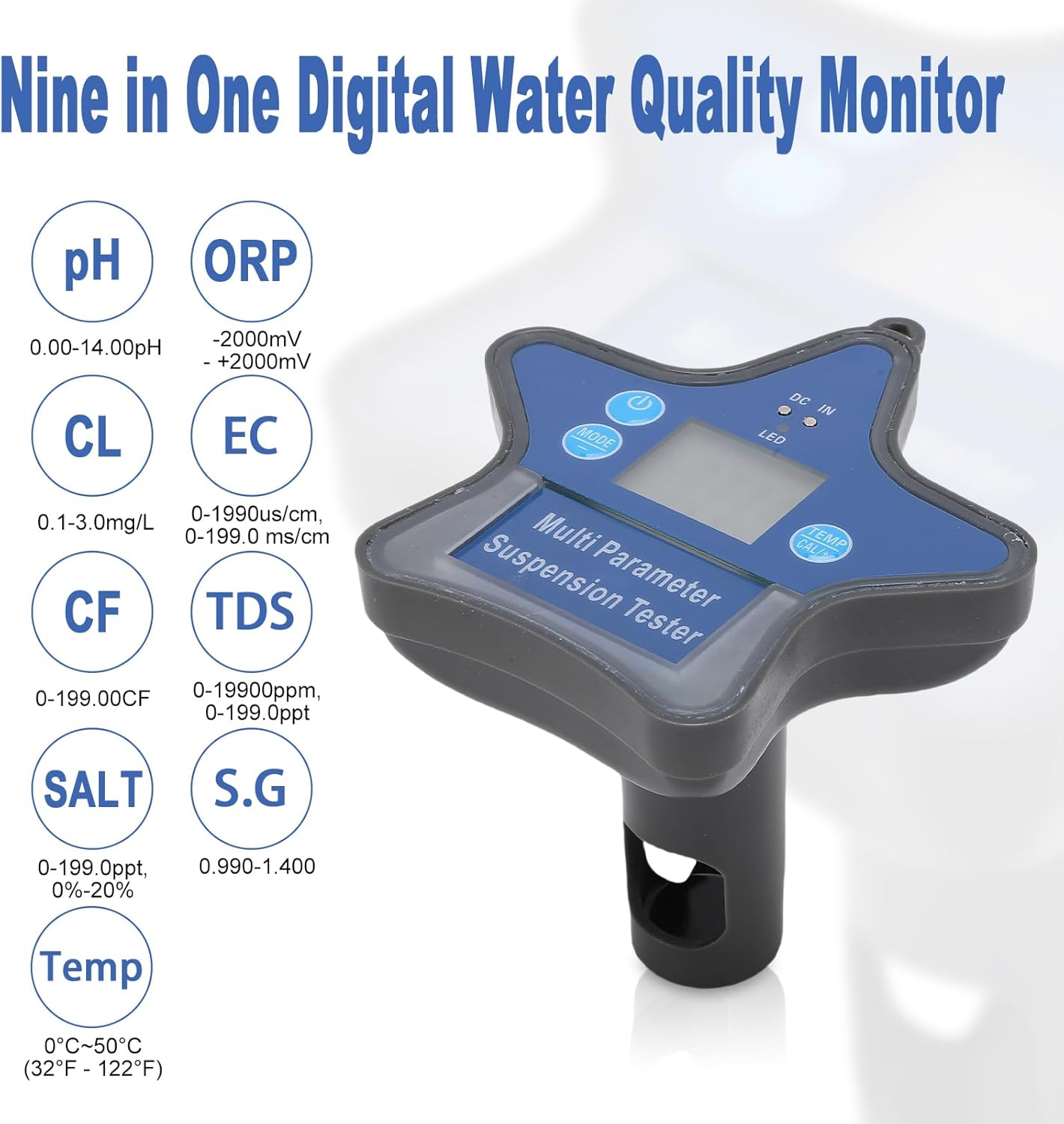 Water Quality Monitor, Detects PH, ORP, CL, EC, CF, TDS, Salt, S.G and Temperature, Bluetooth Nine in One Digital Water Tester for Aquaculture, Pool, Industrial Wastewater image number 1