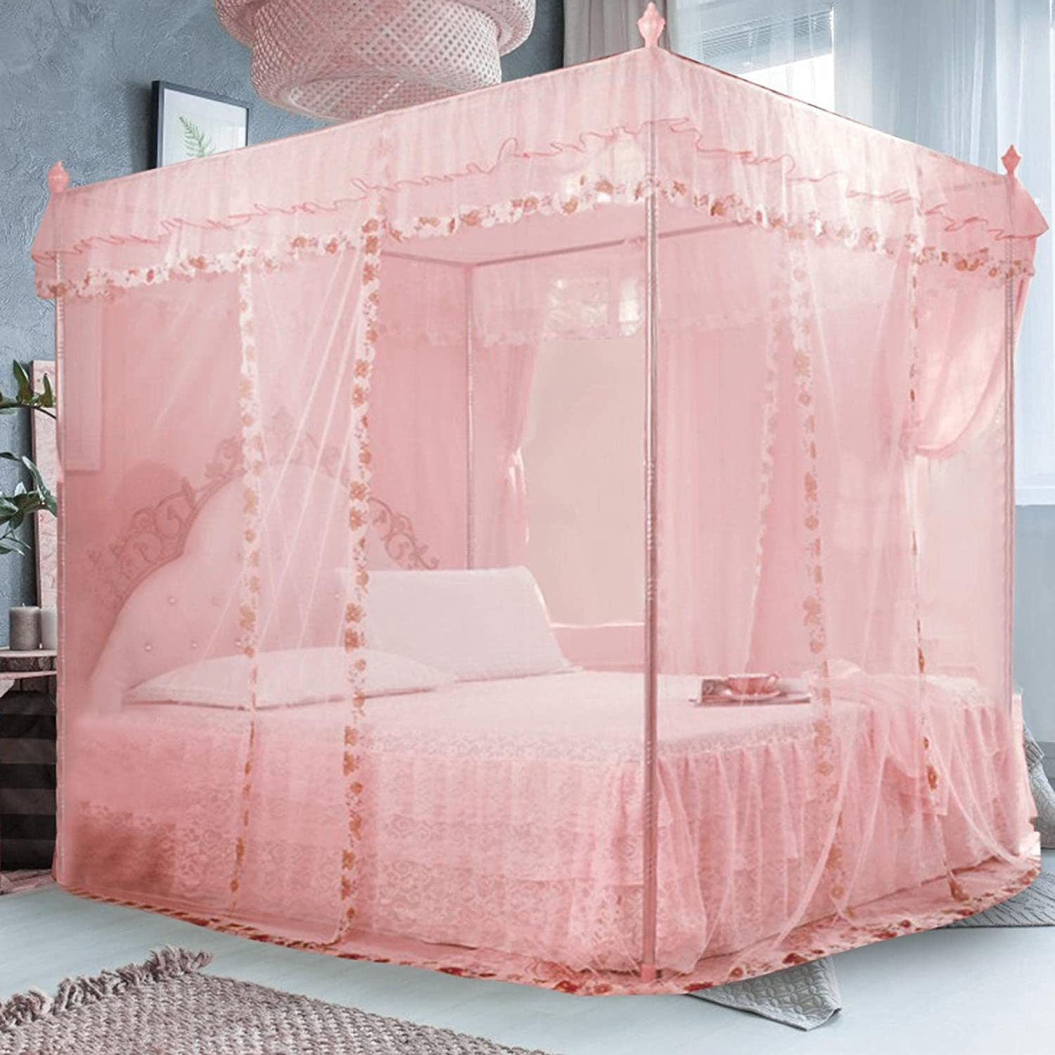 4 Corner Post Mosquito Net, Princess Bed Canopy, Breathable Bed Curtain Full Queen Size Bedroom Decoration #20 (150 * 200 * 200-Pink) - 20 image number 3