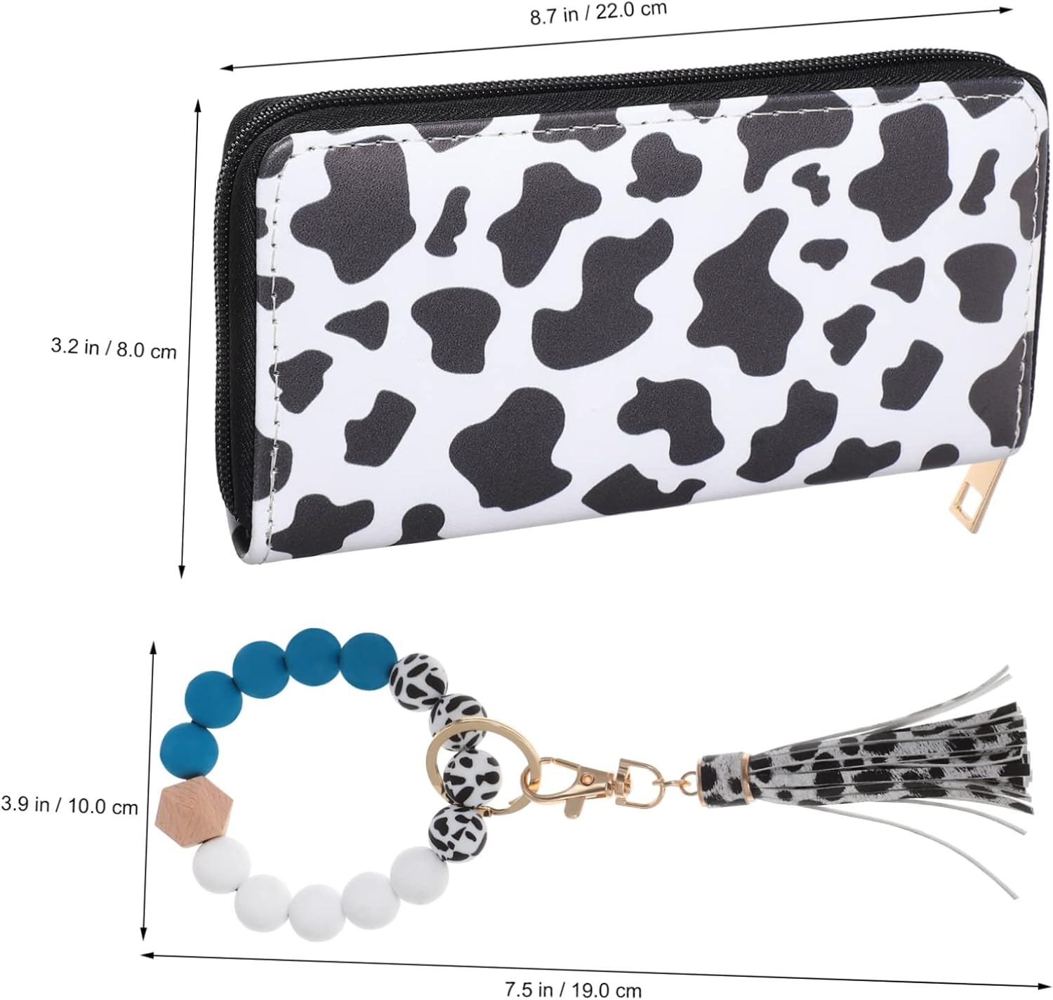 MOBUTOFU Cute Cow Pattern Long Wallet Card Holder Beaded Bracelet Keyring for Women