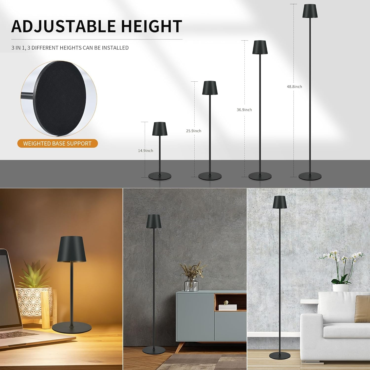 2 Pack Rechargeable Floor Lamps - Brightness Adjustable LED Indoor/Outdoor Cordless with IP54, 6800Mah Battery（Black） image number 5