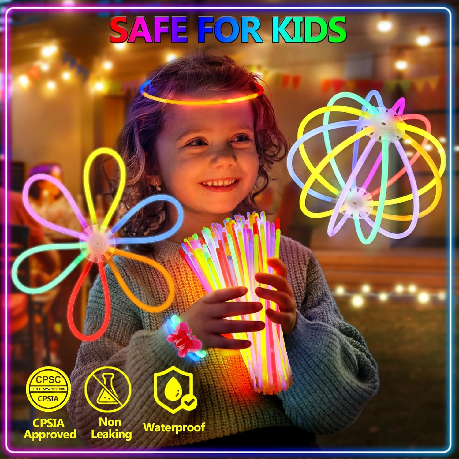 BUDI 467Pcs Cool Light up Toys Glow Party Favours for Kids/Adults: 200 Glowsticks Party Packs 7 Colours+ Connectors for Necklace, Flower Balls, Luminous Glasses and Triple/Butterfly Bracelets