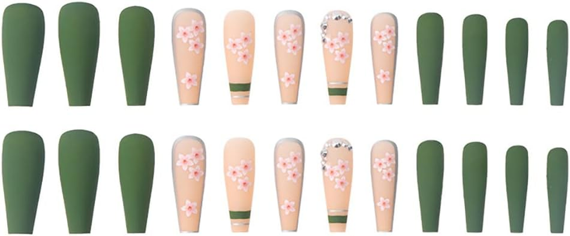 Rikview Long Press on Nails Coffin Fake Nails with Flower Design Green Nails for Women and Girls image number 4