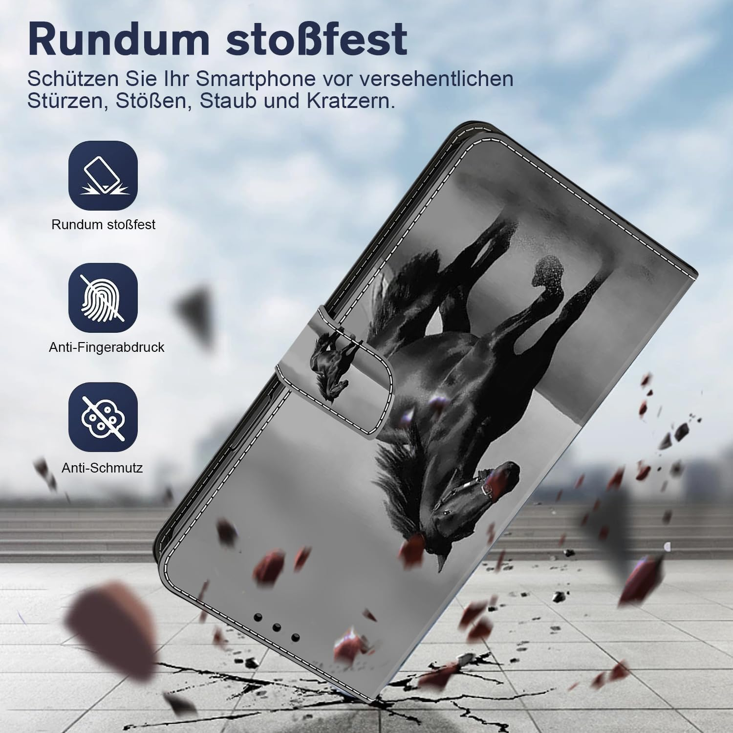 BOLELAW for Iphone 13/14 Mobile Phone Case PU Leather Flip Case Stand Wallet Protective Flip Case Cover with Card Slot, Stand Function, Magnetic Protective Case, Black Horse - Black Horse image number 2