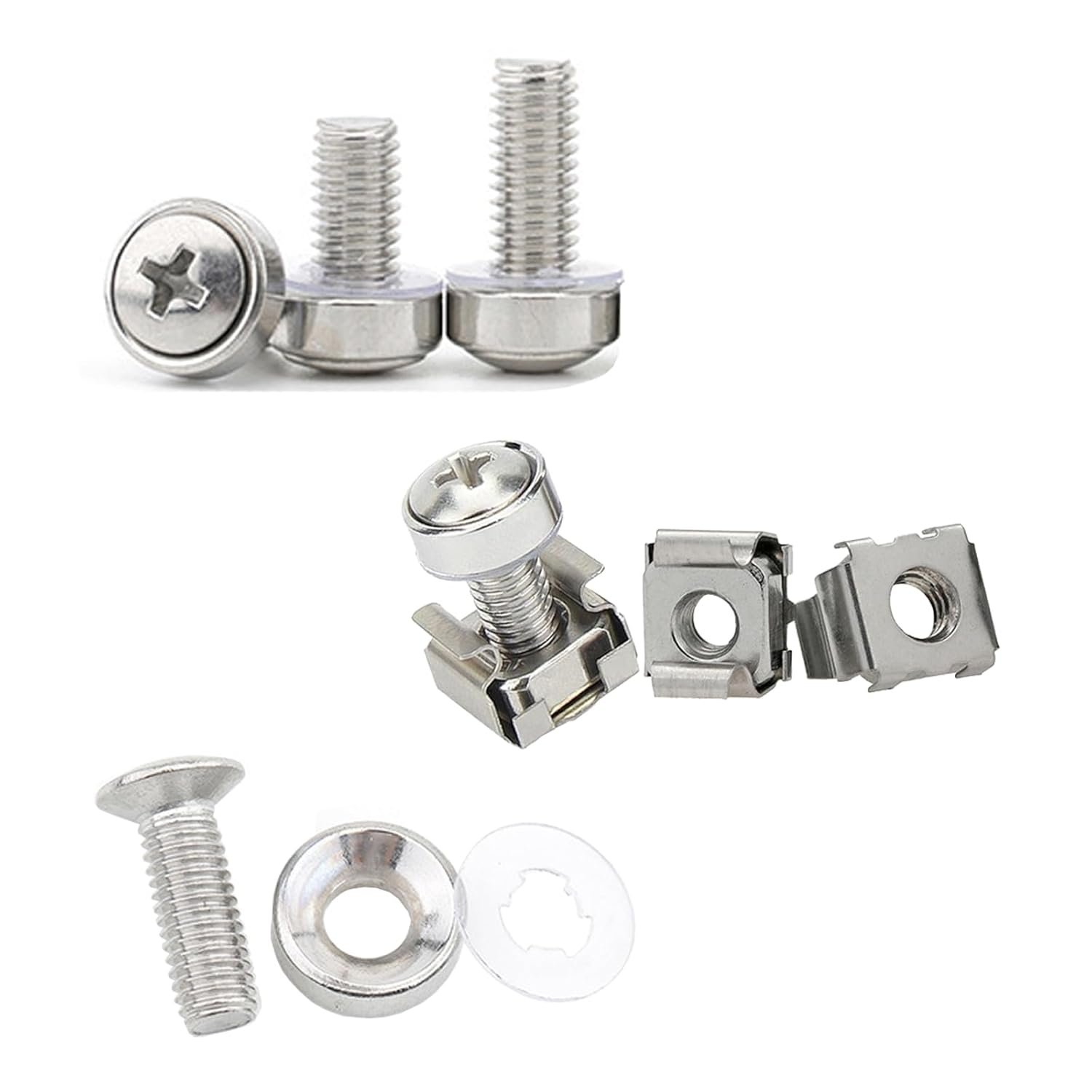 100Sets/200Pcs M5 M6 Cage Nuts Screws and Washers Set,Ymaiss Metric Square Hole Hardware Cage Nut Screws and Washers for Rack Mount Server Shelves Cabinet,Routers Server Rack Silver Upgraded Box