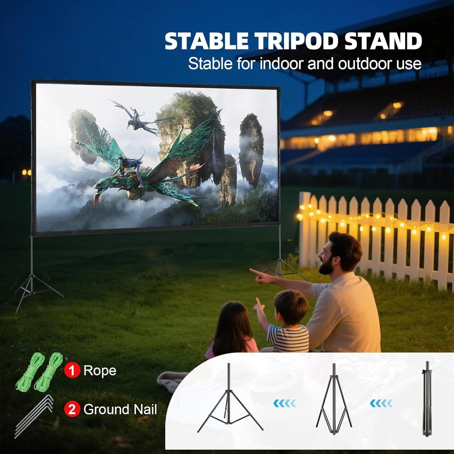 SOFHLILI Projector Screen with Stand,100 Inch 16:9 4K 1080 HD Outdoor Movie Screen with Stand,Wrinkle-Free Projection Screen with Tripods and Carry Bag,For Home Theater Cinema Backyard Movie Night image number 2