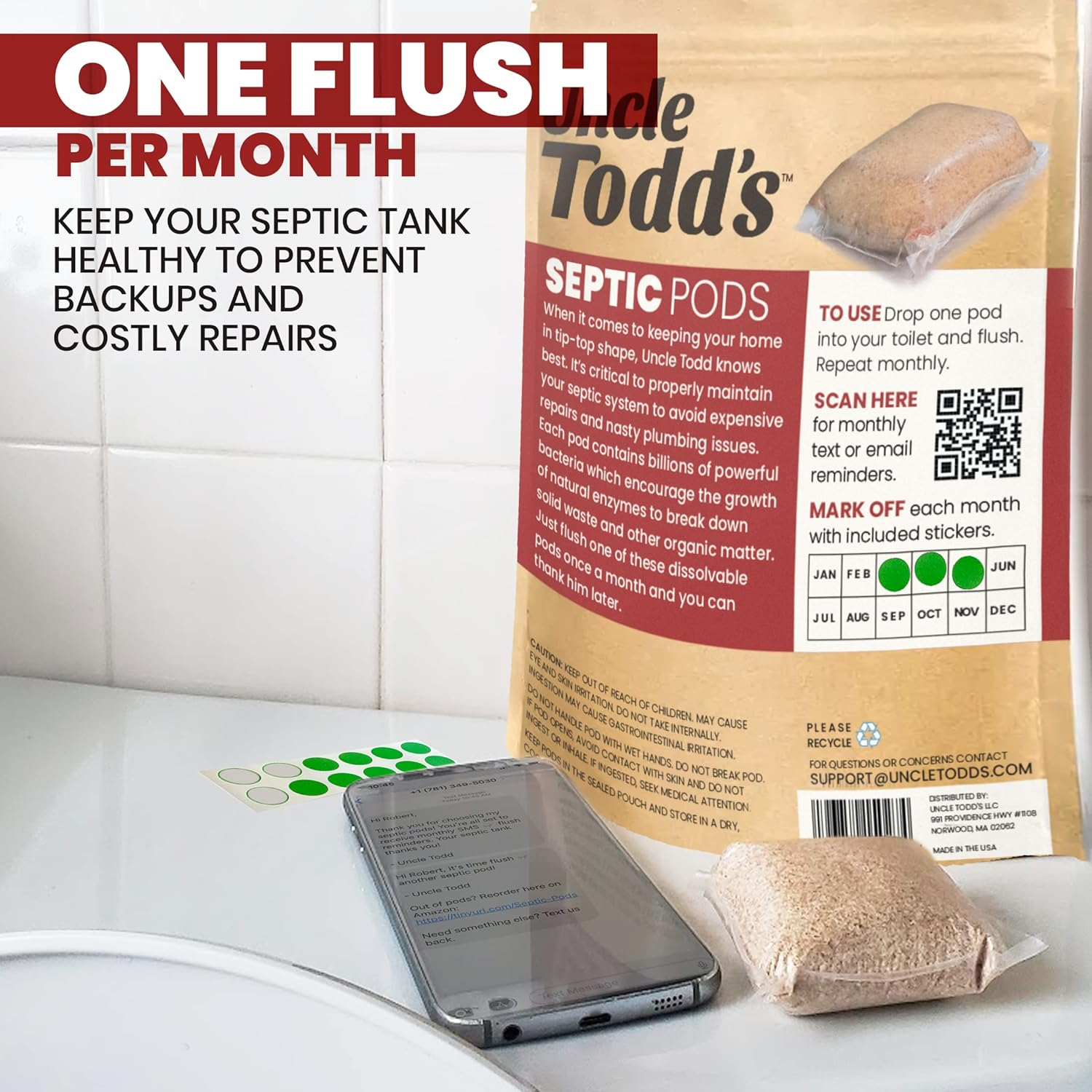 Uncle Todd'S Septic Pods - Septic Tank Treatment - 12 Count One Year Supply - One Flush per Month - Free SMS & Email Reminders - Planet-Friendly and Powerful Solution for Septic Systems image number 2