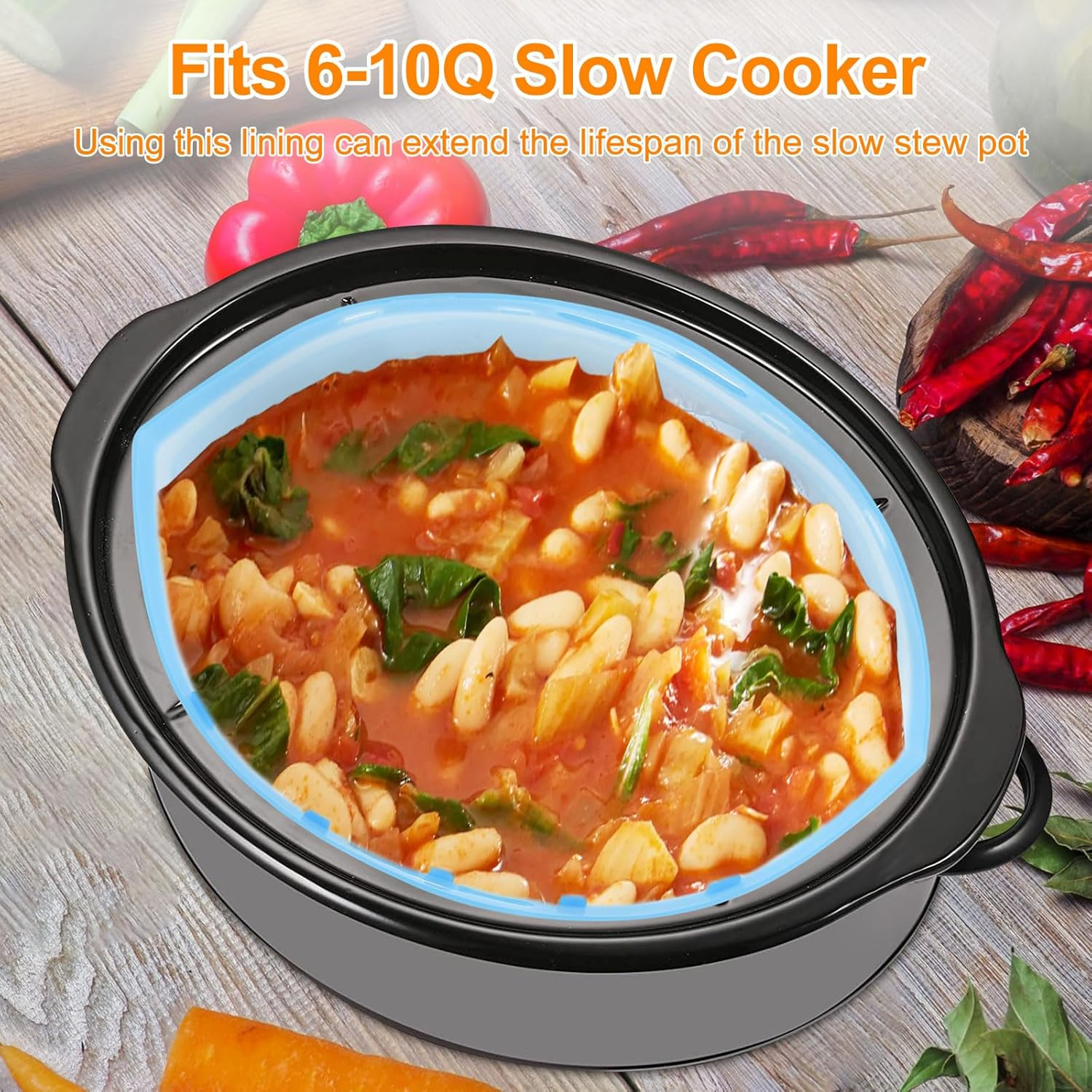 Silicone Slow Cooker Liners Fits 6-10 QT Crock Pot Orange and Blue Silicone Crock Pot Liners Reusable Crock Pot Bags Liners for round or Oval Pots Large Size Dishwasher Safe Leak-Proof Cooking Liner image number 6