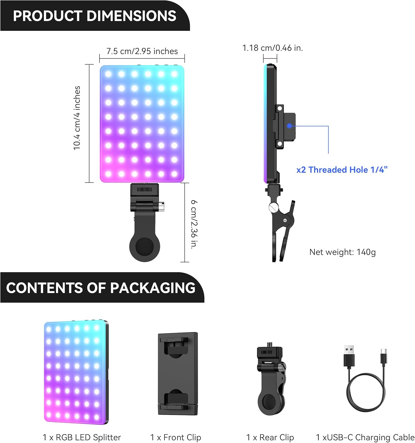 ENEGON RGB Selfie Light, 360&deg; Full Color RGB Video Light with 24 Effects, 78 LED 2000Mah Rechargeable, CRI 95+ and CCT 2500K-9000K, Portable Clip for Phone/Tablet/Pc/Streaming - Bronze image number 7