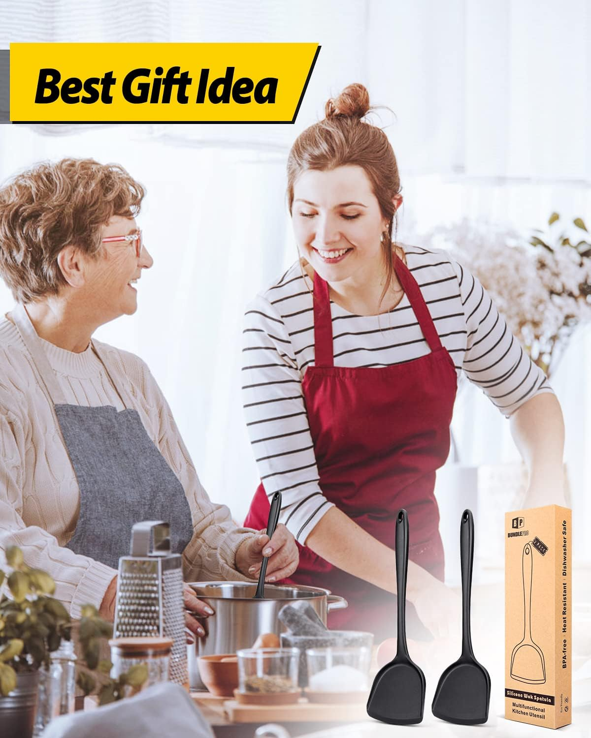 Pack of 2 Silicone Wok Spatula, Non-Stick, Heat, Stain and Odor Resistant, Easy to Clean and Dishwasher Safe, Seamless Kitchen Utensil for Cooking, Baking, Stir-Fry (Black)