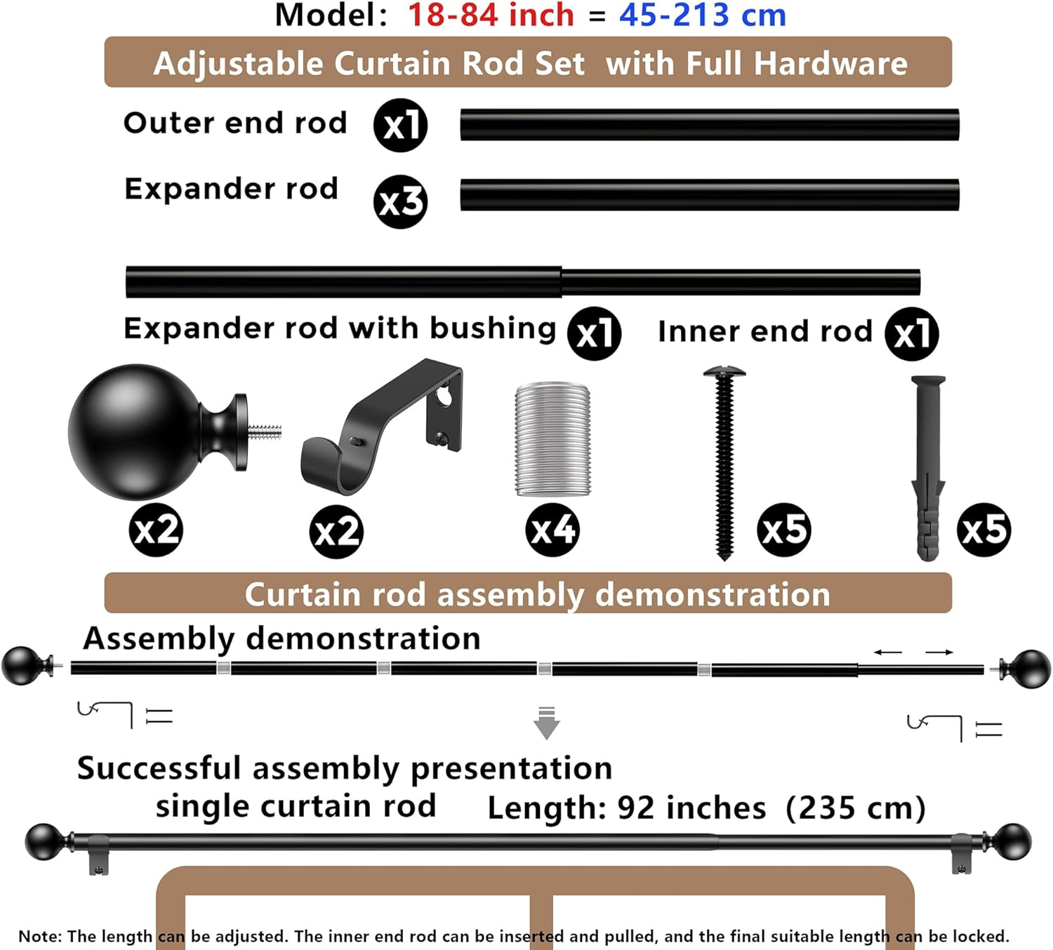 Curtain Rods 213 Cm, 235-Cm Rod Adjustable Length Heavy Duty Decorative Finials Diameter 2.2 Cm,Black