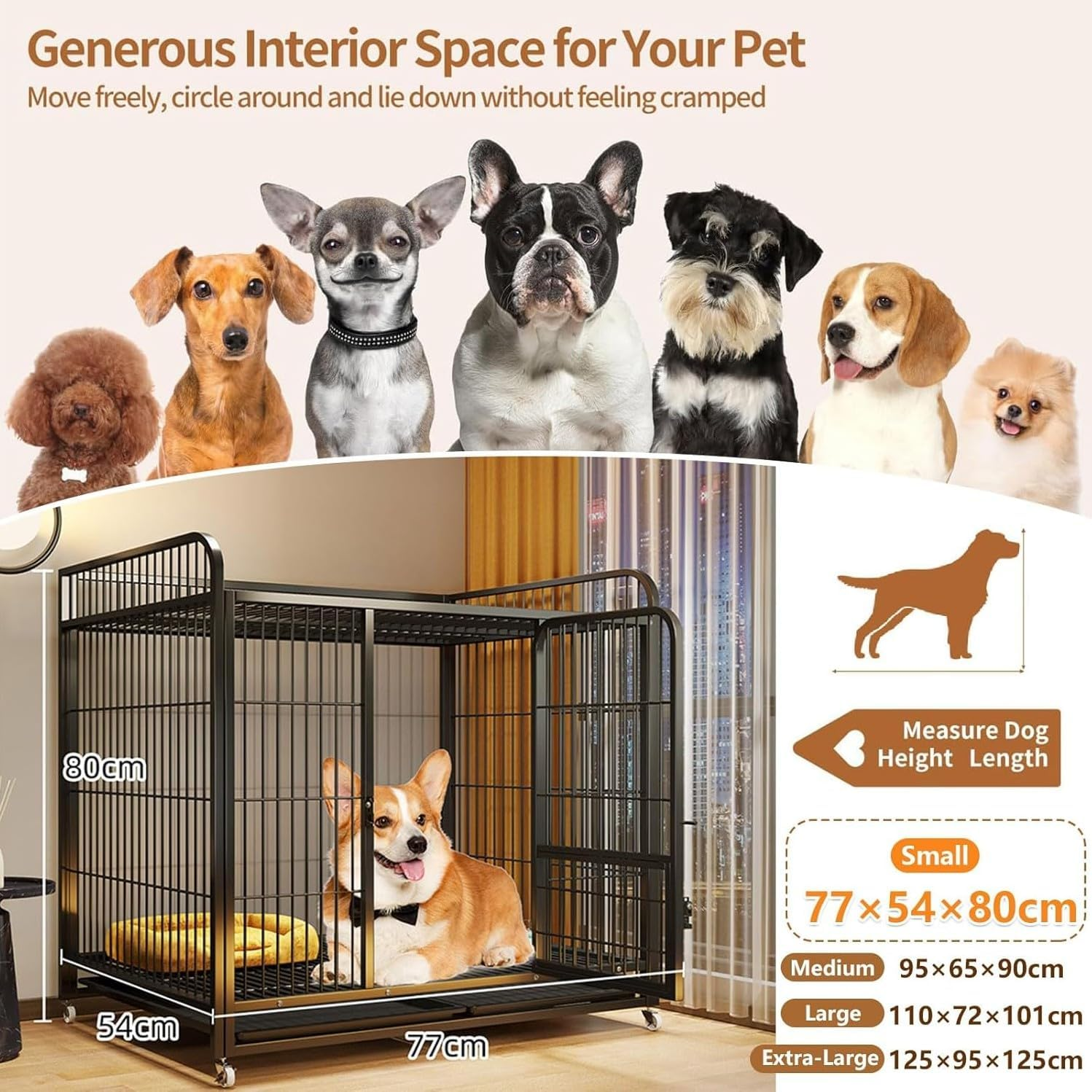 LIODUX Metal Dog Cage, Heavy Duty Dogs Crate for House, Indoor Dog Kennel Enclosure for Small/Medium/Large Dogs, Double Doors, Locks, Removable Tray, Lockable Wheels Pet Cage (Black, Small) image number 1