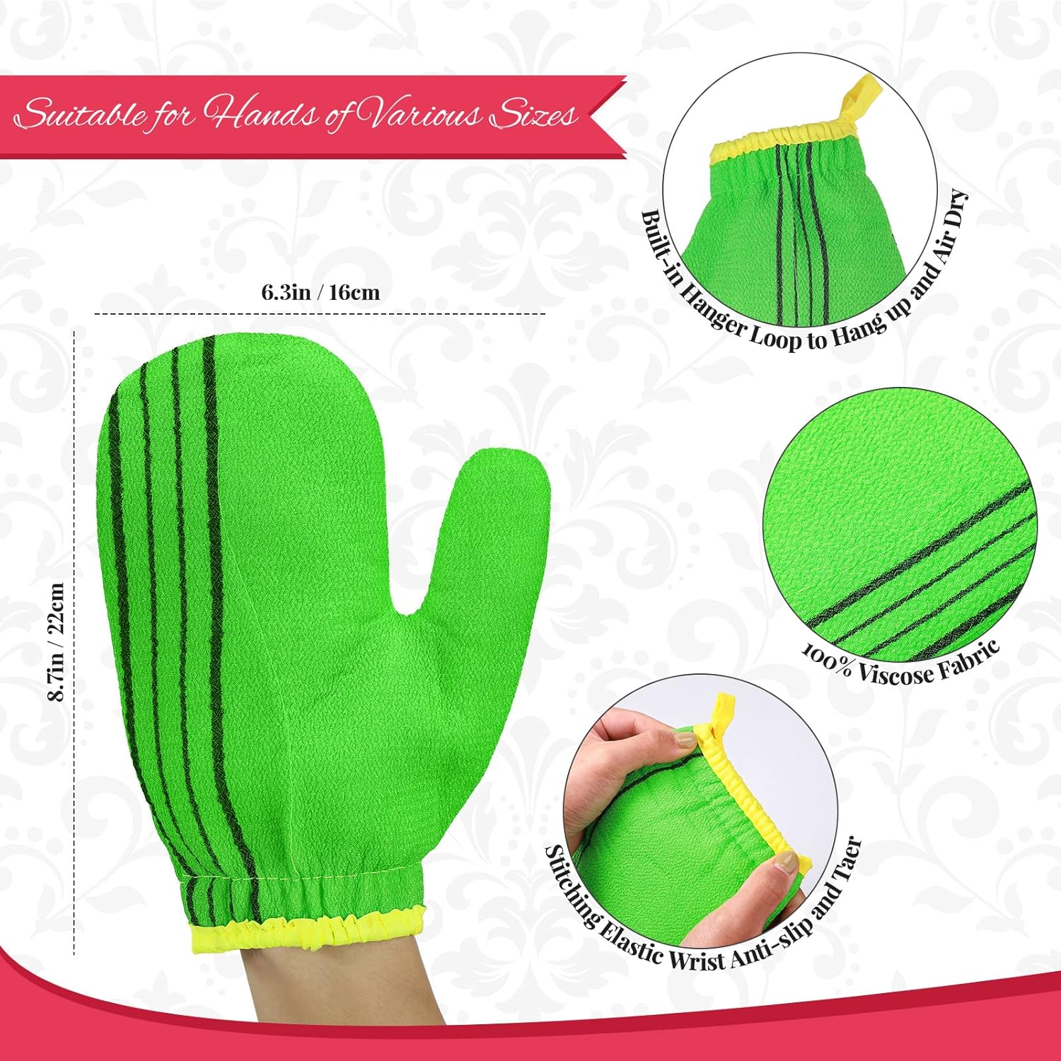 Exfoliating Washcloth 3 Pieces Korean Exfoliating Mitt Gloves Body Exfoliating Glove Face Shower Scrub Cloth Korean Body Scrub Mitt for Bath Wash Skin Deep Cleaning and Exfoliation, Red, Green, Yellow image number 5
