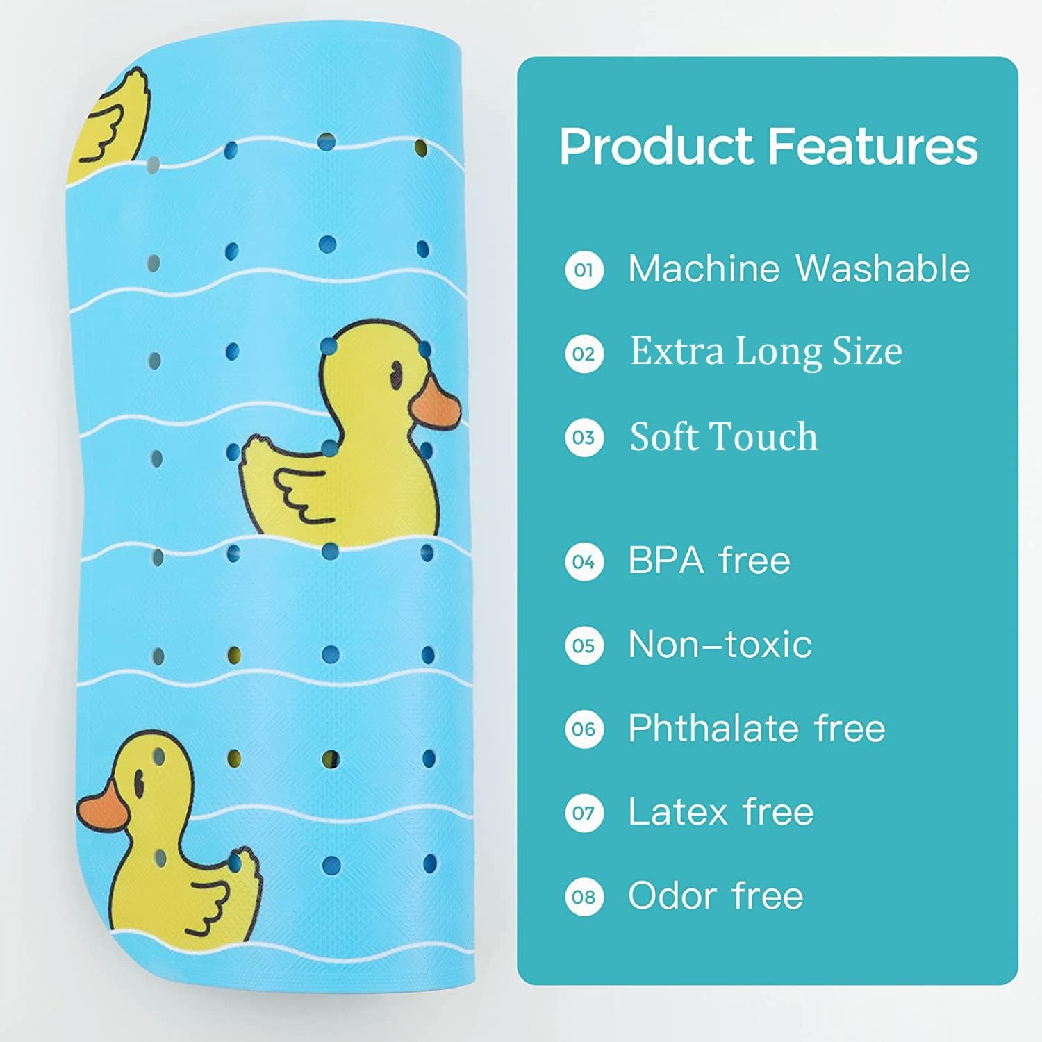 Bathtub Mat Non Slip Shower for Kids Adults & Elderly 40X16 Inch Extra Long anti Bath Mats Tub with Suction Cups and Drain Holes,Duck Blue Ducks