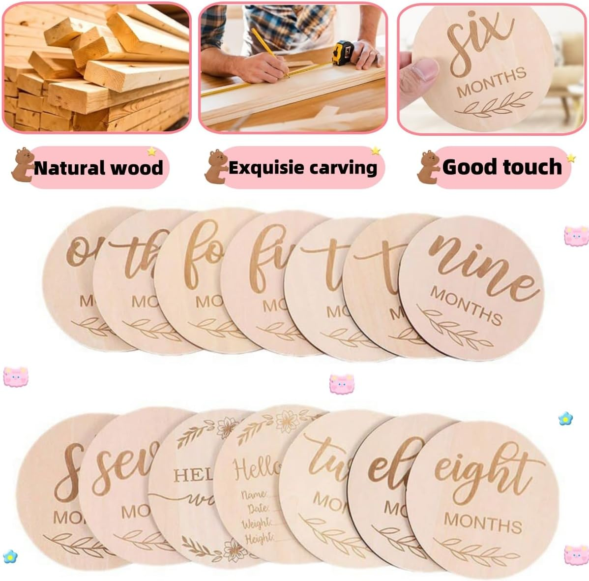 1 Set Kids Monthly Milestone Cards,Ywbfove 12 Pieces Double Sided Milestone Journey Cards for Photo Props Gifts,Wooden Photo Props and Growth Milestone image number 5