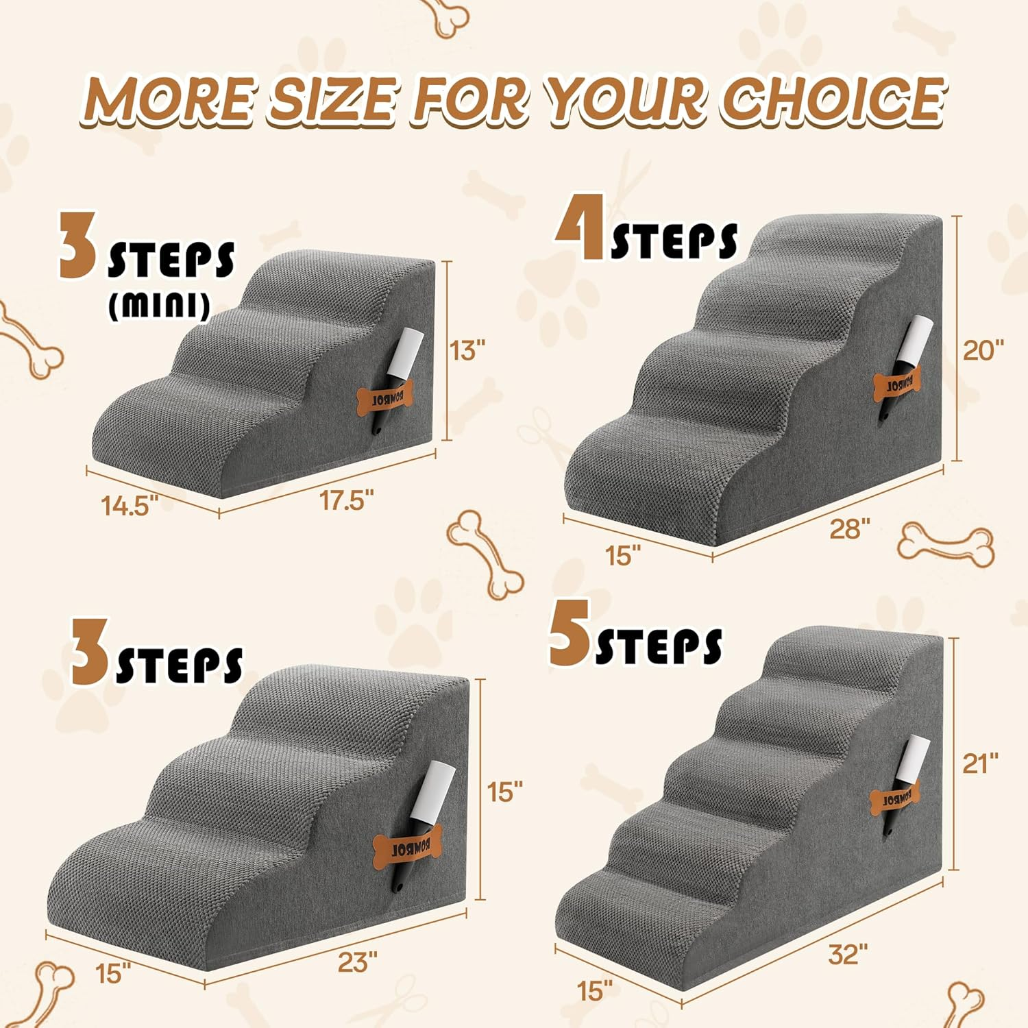 Romrol Dog Stairs Ramp for Beds&Couches,Extra Wide Pet Steps with Durable Non-Slip Waterproof Fabric Cover, Dog Slope Stairs Friendly, 3-Tiers image number 3