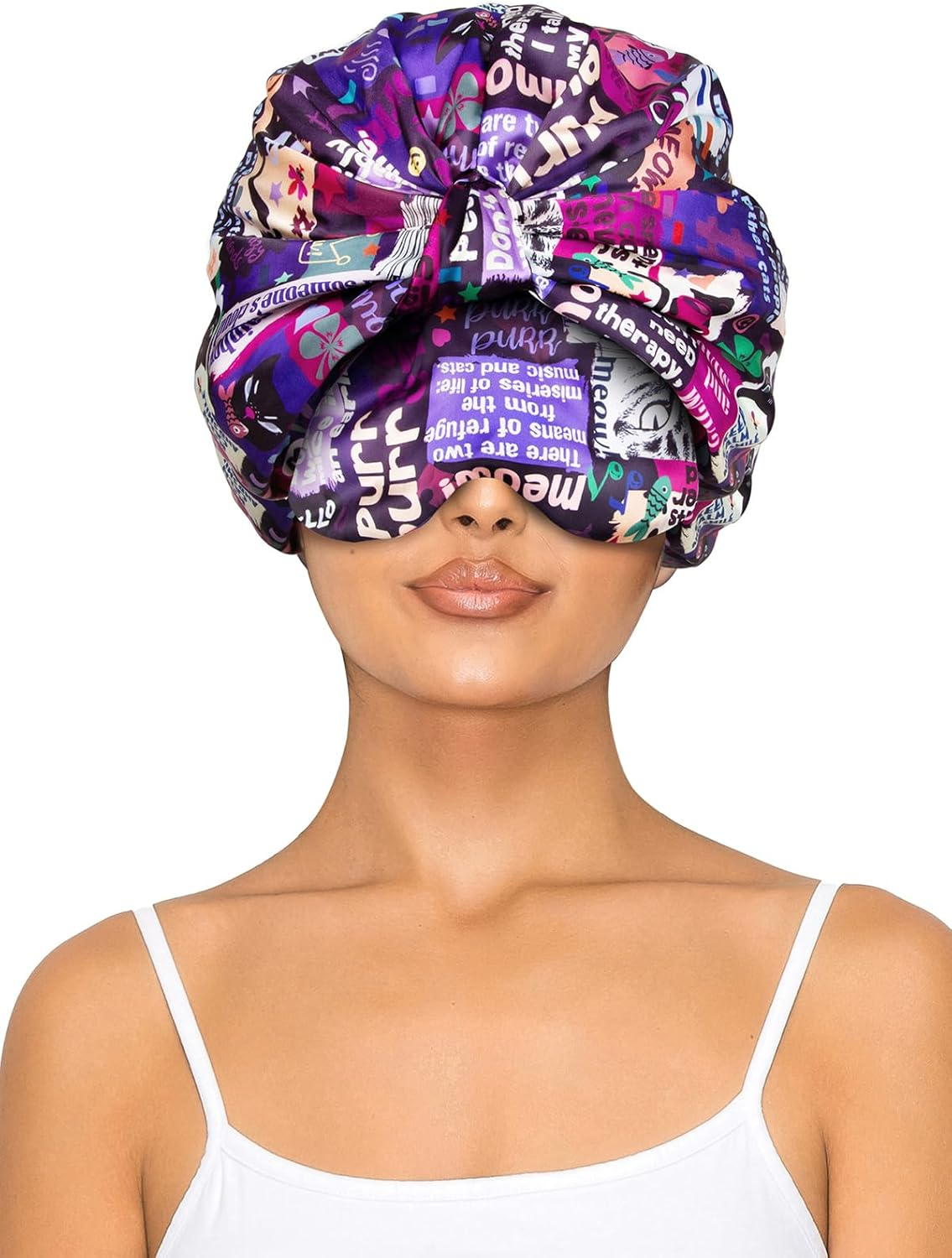 Vettres Double Layer Satin Bonnet with Eye Mask Adjustable Silk Sleep Cap Turban Style Hair Wrap for Curly Hair Black - Pink Strawberry image number 3