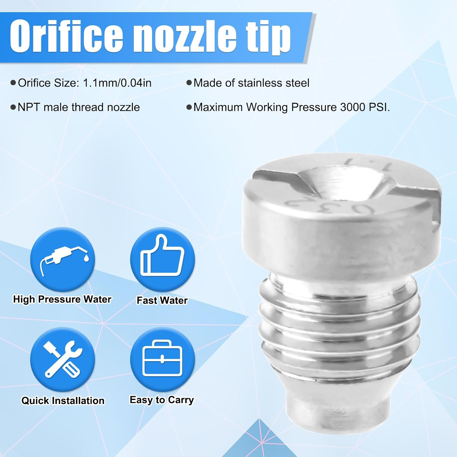 0.04In Foam Cannon Orifice Nozzle Tips, 3000 PSI Foam Cannon Nozzle Replacement Universal Foam Cannon Nozzle with 2 Foam Maker Mesh Cleaning Needle Cotton Pad for Snow Foam Lance image number 2